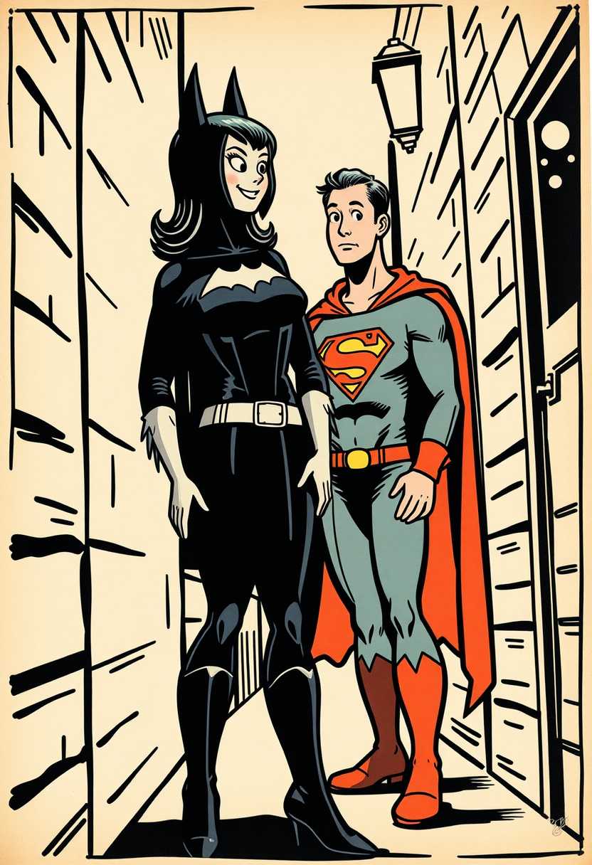 This image is a vintage comic strip panel. The art style is reminiscent of early 20thcentury American comic strips, with bold lines and simple shading. The medium appears to be ink on paper, given the texture and the way the ink bleeds through the paper in some areas.This image features simplified 3D shapes and 3D cartoon figures characterized by bold outlines, flat colors, and exaggerated shapes. This image is a stylized illustration that appears to be in a comic book or pop art genre. The medium seems to be a digital or traditional print with a vintage or retro aesthetic, given the texture and color palette.The art style is reminiscent of mid20th century American comic books, with a nod to pulp fiction covers. The illustration is in black and white with a sepia tone, which gives it a nostalgic and somewhat eerie feel. The use of halftone dots and stippling is evident, which is characteristic of this style.The colors are limited, primarily consisting of black, white, and shades of red and orange. batgirl encounters superman in a nightclub alley. Dramatic lighting.