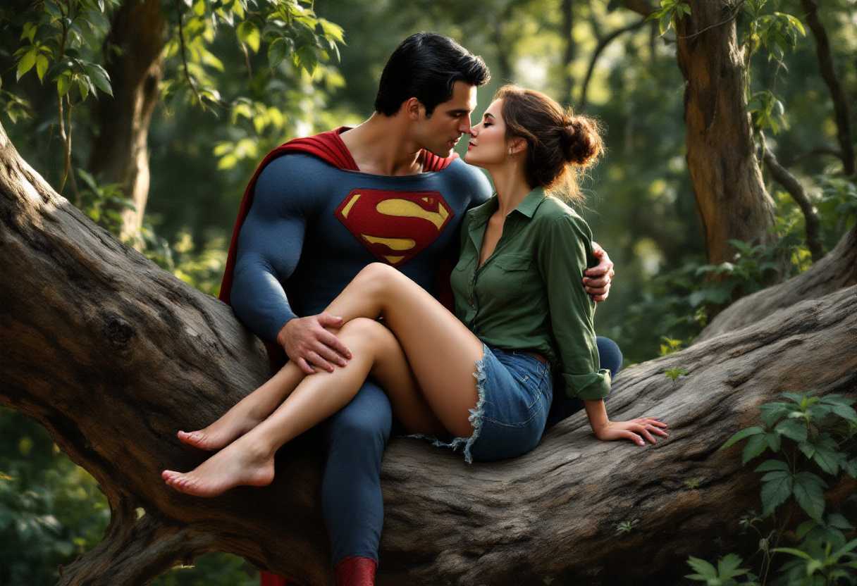 Superman and Wonder Woman Kissing in a Forest