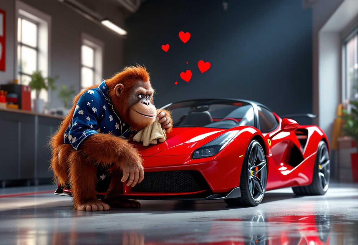 Generate me a humorous Pixar Movie image of an adult orangutan in blue and white blooded pajamas, smiling, next to his beautiful big red Ferrari. he looks at her lovingly and rubs her with a soft rag to say goodnight. Little hearts above his head. Decor of a beautiful modern garage. Sifted light. Keep the proportions between the orangutan and the car!