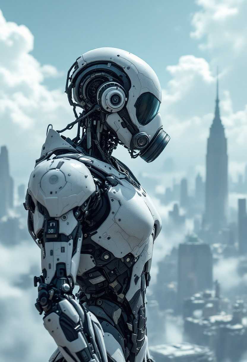 A high res intricately detailed robot stands  on the precipice of a futuristic city. He wears a gas mask.The sky is  composed of kjeroijdcl549