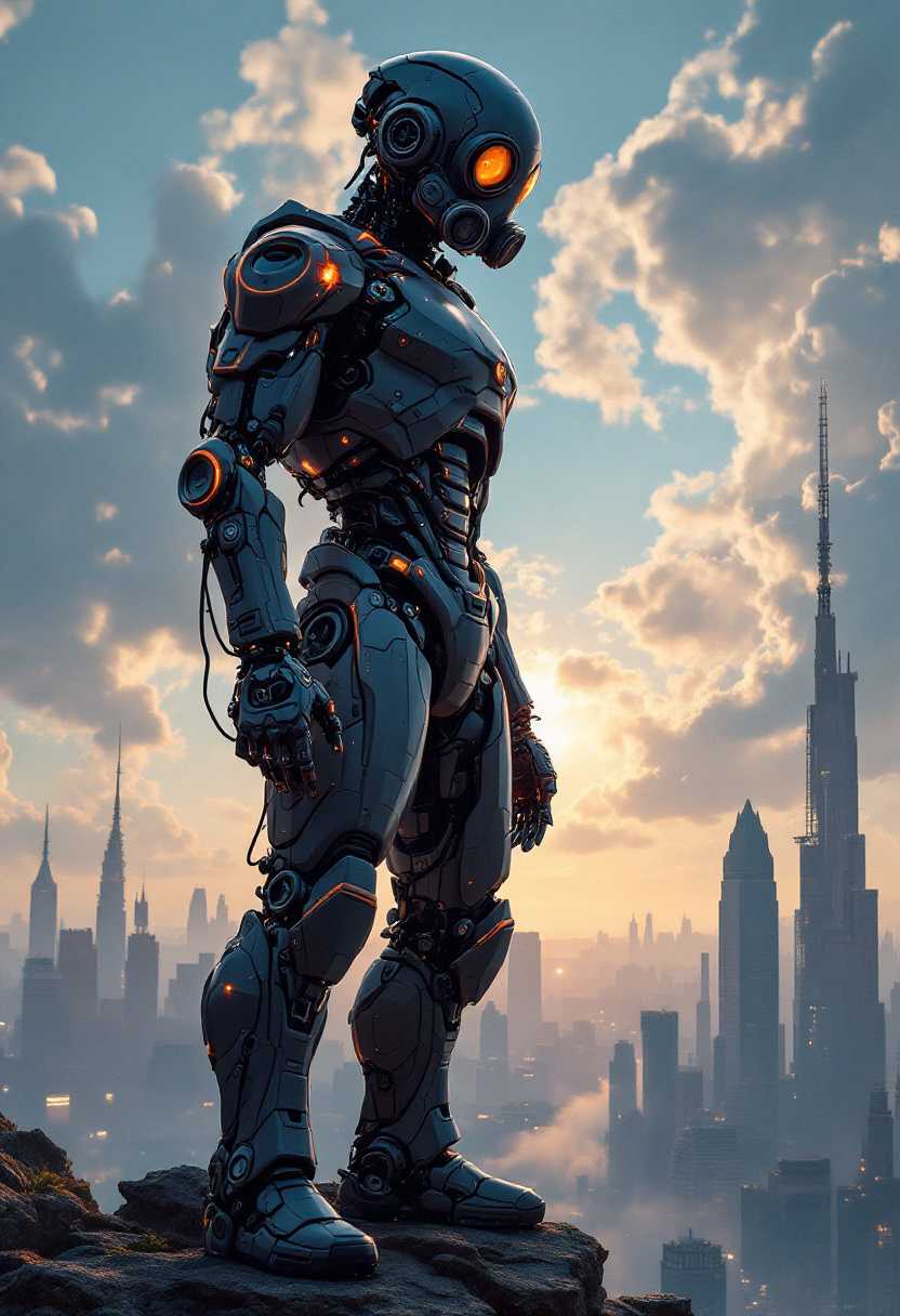 A high res intricately detailed robot stands  on the precipice of a futuristic city. He wears a gas mask.The sky is  composed of kjeroijdcl549