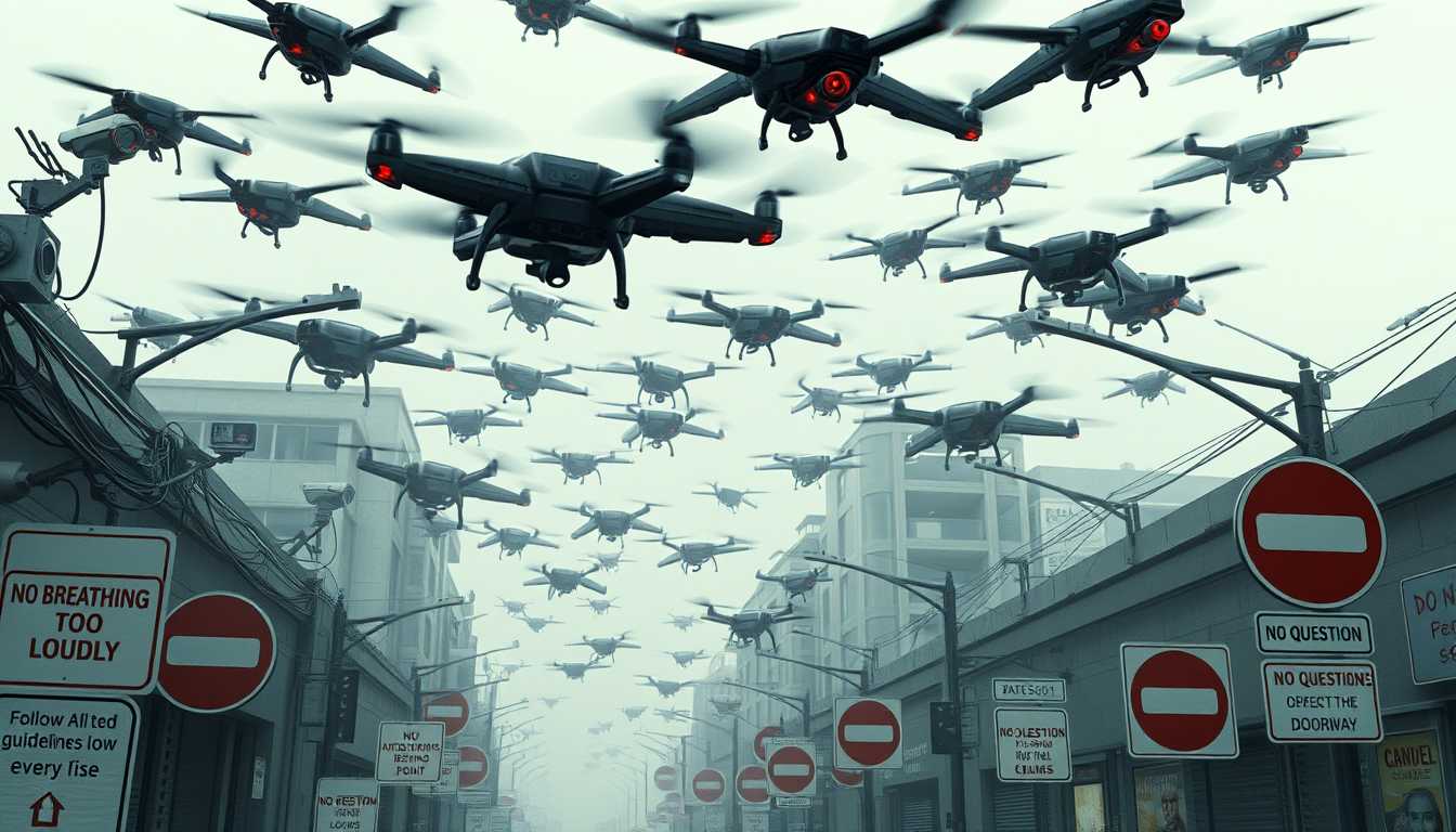 In this dystopian future, the air is thick with surveillance drones, their black, mechanical forms hovering and weaving through the sky like an oppressive swarm. These drones, equipped with high-powered cameras, constantly scan the streets, their red lenses blinking as they capture every detail. On every corner and building, stationary surveillance cameras are mounted, adding to the suffocating web of observation that engulfs the city.

Signs dominate the urban landscape, enforcing rigid rules for the monitored citizens. "No Breathing Too Loudly" declares one, as citizens walk cautiously, their every exhale tracked by the ever-present camera drones hovering just overhead. "Follow All Posted Guidelines" flashes from digital displays, while a sign at the alley entrance warns, "No Questions Beyond This Point." Drones patrol low, scanning each face for hesitation.

At every entrance, a sign reads, "Do Not Block the Doorway," while the streets are eerily quiet under the mandate of "Observe Quiet Hours." The city is devoid of life and spontaneity, as the sign "No Dancing Without Music" looms over a vacant plaza. In a sterile park, a sign orders, "Do Not Disturb the Landscape," while camera drones buzz quietly, watching the lifeless greenery below.

Overhead, surveillance drones track every movement, and the citizens, heads down, comply with a sign that commands, "Keep Headphones On at All Times." They avoid looking at the sky, for another sign warns, "No Watching the Sunset." People walk stiffly, in alignment with the sign that reads, "Maintain a Straight Posture," while heavily monitored checkpoints enforce "Only Two Bags Allowed Per Person."

As camera drones hover near, another sign blinks, "Turn Off Your Phone Here." The citizens walk without pause, heeding the order from a sign that reads, "Avoid Sudden Stops." The ground itself is subject to surveillance, with signs stating, "Do Not Place Your Bag on the Ground" and "No Hands in Your Pockets." Both stationary cameras and drone cameras ensure complete compliance. Above the square, the final, chilling command hangs: "Keep Your Thoughts to Yourself."