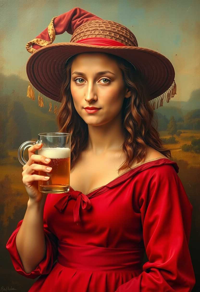 Woman in Red Hat and Dress Holding Beer Mug