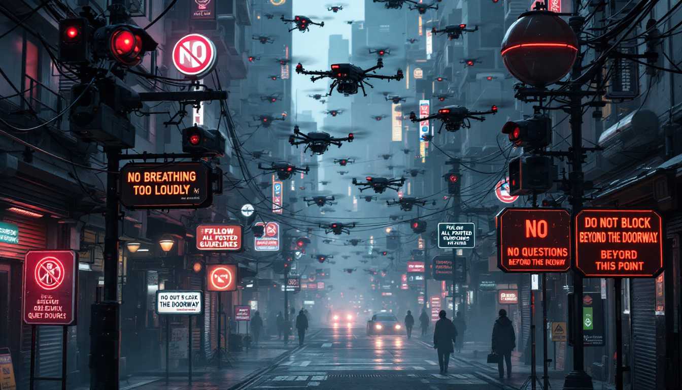 photorealistic, ultra high detail, lifelike, In this dystopian future, the air is thick with surveillance drones, their black, mechanical forms hovering and weaving through the sky like an oppressive swarm. These drones, equipped with high-powered cameras, constantly scan the streets, their red lenses blinking as they capture every detail. On every corner and building, stationary surveillance cameras are mounted, adding to the suffocating web of observation that engulfs the city.

Signs dominate the urban landscape, enforcing rigid rules for the monitored citizens. "No Breathing Too Loudly" declares one, as citizens walk cautiously, their every exhale tracked by the ever-present camera drones hovering just overhead. "Follow All Posted Guidelines" flashes from digital displays, while a sign at the alley entrance warns, "No Questions Beyond This Point." Drones patrol low, scanning each face for hesitation.

At every entrance, a sign reads, "Do Not Block the Doorway," while the streets are eerily quiet under the mandate of "Observe Quiet Hours." The city is devoid of life and spontaneity, as the sign "No Dancing Without Music" looms over a vacant plaza. In a sterile park, a sign orders, "Do Not Disturb the Landscape," while camera drones buzz quietly, watching the lifeless greenery below.

Overhead, surveillance drones track every movement, and the citizens, heads down, comply with a sign that commands, "Keep Headphones On at All Times." They avoid looking at the sky, for another sign warns, "No Watching the Sunset." People walk stiffly, in alignment with the sign that reads, "Maintain a Straight Posture," while heavily monitored checkpoints enforce "Only Two Bags Allowed Per Person."

As camera drones hover near, another sign blinks, "Turn Off Your Phone Here." The citizens walk without pause, heeding the order from a sign that reads, "Avoid Sudden Stops." The ground itself is subject to surveillance, with signs stating, "Do Not Place Your Bag on the Ground" and "No Hands in Your Pockets." Both stationary cameras and drone cameras ensure complete compliance. Above the square, the final, chilling command hangs: "Keep Your Thoughts to Yourself."