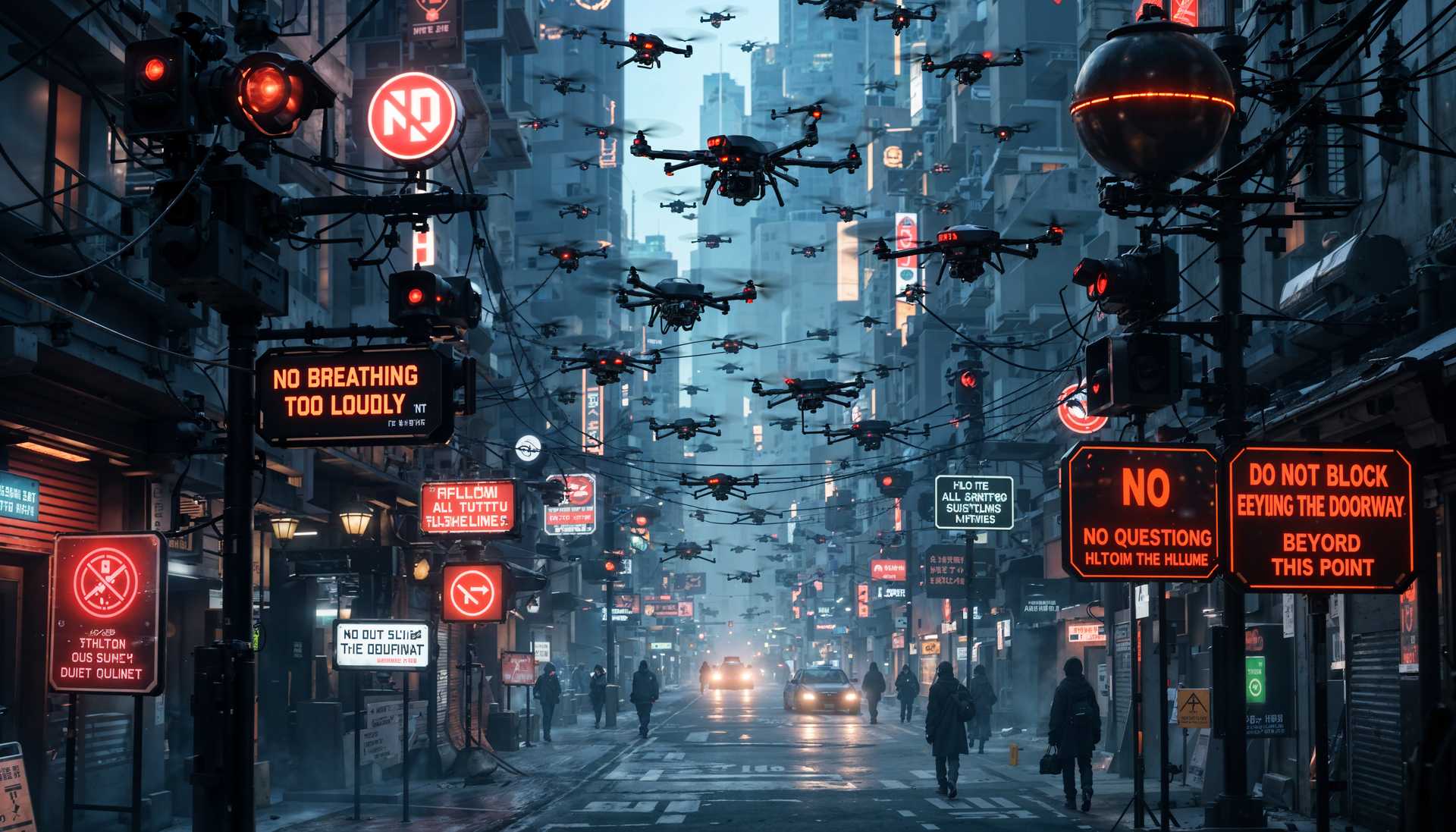 AI-generated image: photorealistic, ultra high detail, lifelike, In this dystopian future, the air is thick with surveil