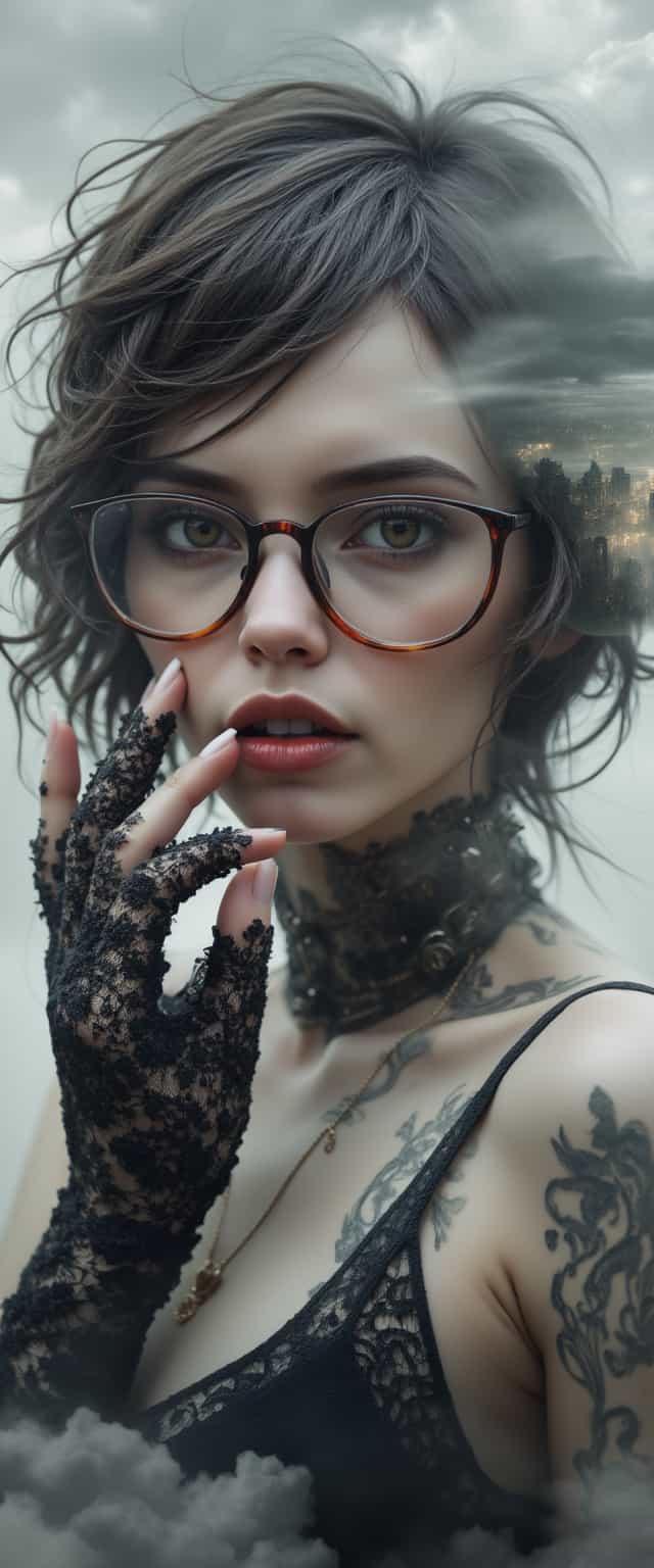 foggy, surreal dream, double exposure, living in a thunder cloud,, bo-cityscape, bo-exposure, bo-cyberpunk, bo-steampunk, bo-abyss, a highly detailed cgi (computer-generated imagery) rendering of a young woman with a pale complexion and striking features, she has short, tousled brown hair and wears large, black, rectangular glasses with a thin frame, her eyes are large and almond-shaped, with a piercing gaze, and her lips are full and painted a deep, vibrant red, she is wearing a sheer, black lace glove with intricate lace patterns and a small, intricate tattoo on her upper left arm, her right hand is positioned near her face, touching her cheek with a finger, while her left hand is adorned with a black, intricate design, the background is a plain, off-white color, ensuring that the focus remains on the subject, the lighting is soft and diffused, highlighting her smooth skin and the texture of her clothing, the overall style of the illustration is gothic and provocative, emphasizing the subject's allure and sensuality