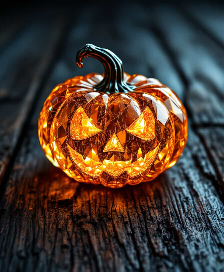 highly detailed crystal halloween Pumpkin (with fine textures) on a weathered, textured black wooden surface, vibrant contrast between the (halloween Pumpkin) and the (faded, peeling wood), depth and shadow enhanced using (Gaussian blur) for a soft background focus, (sharpen filter) applied to the halloween Pumpkin, (color grading) to enhance contrast between warm and cool tones, (lens flare) subtly added to create natural lighting effect, (noise reduction) for a smooth, clean finish, (HDR toning) used for extra depth and detail, emphasizing the intricate patterns in both the halloween Pumpkin and wood grain