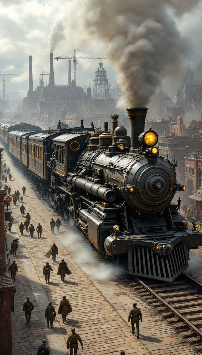The armored train rumbles through the Victorian-inspired city on heavy steel tracks, its enormous structure designed for both transport and battle. Mounted on the reinforced carriages are massive steam-powered cannons, with rotating mechanisms for strategic targeting. The gun, embedded into the armored hull, extends with a long, rifled barrel and is braced by mechanical gears and steam pistons, designed to withstand immense recoil. The train’s exterior is lined with riveted iron plates, reflecting industrial craftsmanship, and is supported by thick steel wheels that grind along the rails, sending vibrations through the stone streets. Smokestacks rise from the locomotive’s engine, expelling plumes of steam and smoke as it powers forward.
In the background, the city skyline is filled with the towering smokestacks of factories and the intricate wrought-ironwork of Victorian architecture. As the train crosses bridges and weaves through the city, steam-powered cranes, warehouses, and military posts line the route. Soldiers march beside it, preparing for battle as they load ammunition into the massive gun's chamber. The scene captures the chaotic yet organized atmosphere of warfare, where industry meets military might. A dramatic, cinematic contrast of light and shadow highlights the tension, while the looming storm clouds further amplify the dark and foreboding atmosphere.