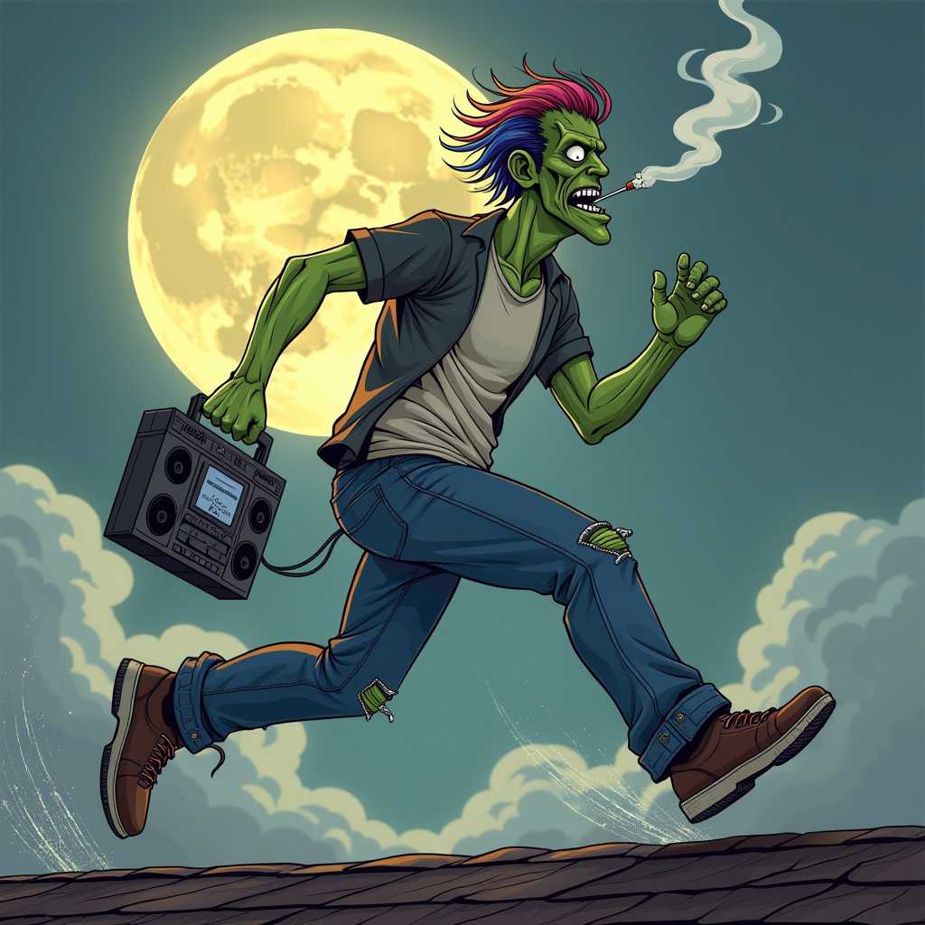 side view. Frankenstein's monster is running upright and stiff, with eyes closed on a rooffirst. holding a ghetto blaster in one arm. he wears ripped jeans, ripped t-shirt and has a rainbow hairstyle. he has a cigarette in the corner of his mouth. Full moon in the background, cloud of fog