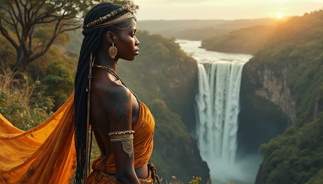 A hyper-realistic masterpiece captures an ethereal vision of beauty and power. Amidst the golden hues of the savannah, she stands—a fierce warrior, her ebony skin gleaming under the blazing sun. Her body, sculpted by the trials of battle, is adorned with intricate tribal tattoos and shimmering beads that echo her heritage. A crown of braided hair cascades down her shoulders, framing her striking face, where eyes like burning embers hold the wisdom of generations and the fire of unyielding strength. Her stance is powerful yet graceful, her toned arms gripping a spear etched with ancient symbols of protection and power. Draped in a vibrant, flowing fabric that clings to her every curve, she exudes raw sensuality and deadly prowess. This African warrior queen is the embodiment of beauty and strength—untamed, unstoppable, and fiercely radiant in the heat of battle. She stands on the precipice of a dilapidated high-rise waterfall, gazing at a sprawling jungle bathed in the ethereal vibe of a diurnal ocean, high-angle shot, emphasizing the dizzying height and the vastness of the waterfall below the sky.
Face perfection, high detailed brown eyes. neck accessories, ears accessories, rendered in hyper-detailed, photorealistic style, influenced by the artistic techniques of Adrian Smith, Mark Gibbons, and Paul Dainton. BREAK ((UHD:1.5)), ((high details:1.5)), ((best quality:1.6)), ((super detail:1.5)), ((award winning:1.4)), ((masterpiece:1.6)), ((ethereal glow:1.3)), ((retina:1.4)).