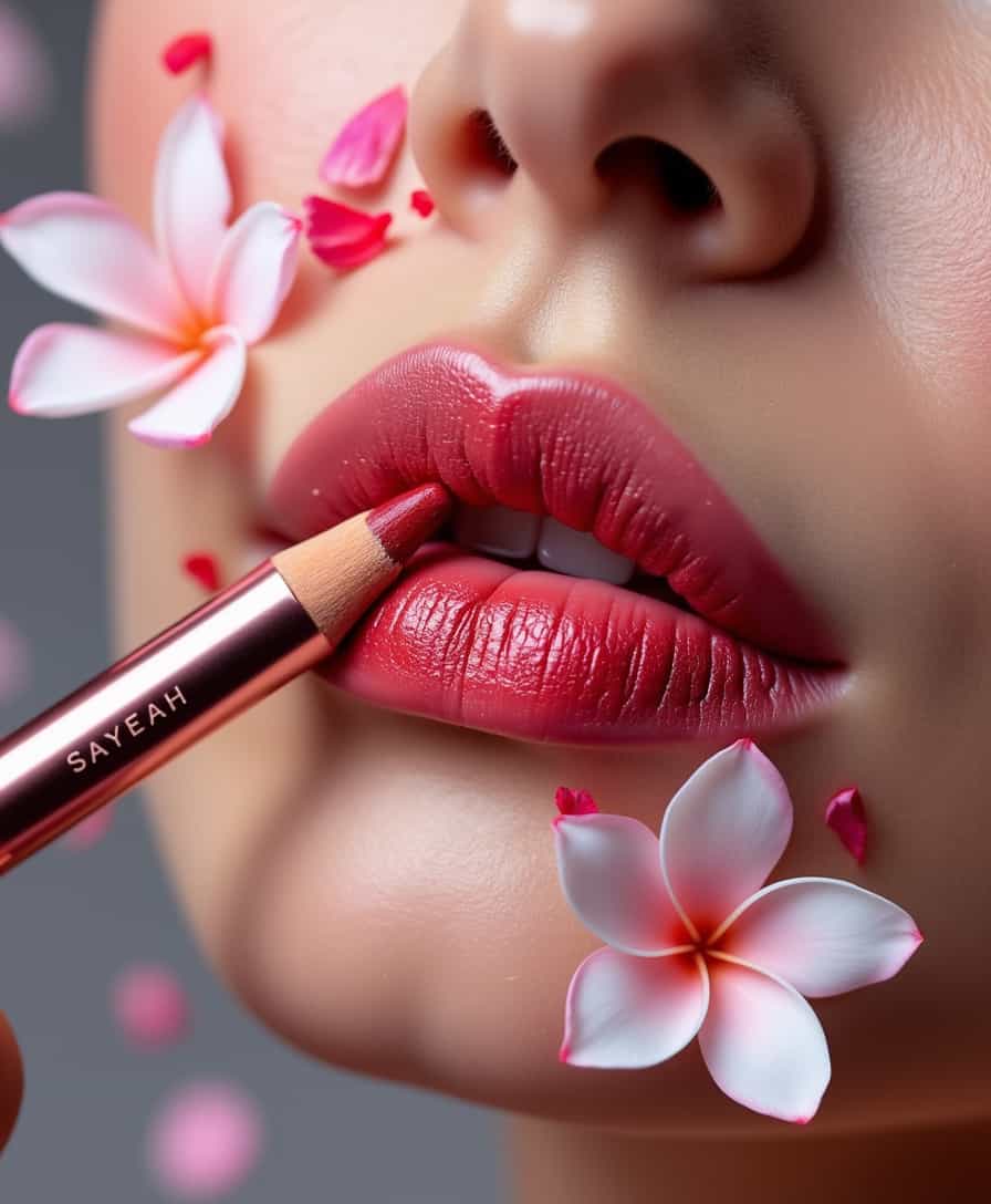 Luxury Lipstick Application with Pink Flowers