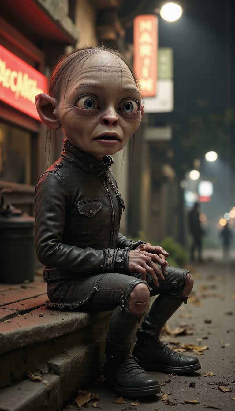 cute chibbi, , , smeagol, a cute chibbi Smeagol wearing a studded leather jacket and ripped jeans is standing outside a run down biker bar, the streetlight casts a wide spotlight on the dark scene