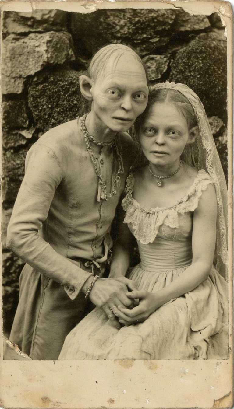 An aged worn sepia monochrome 1800s photograph, smeagol, A distressed, sepia-toned 1800s photo of smeagol wedding, elegantly dressed, in the act of putting the ring on the finger of his future wife. His spouse is  a beautiful curly blonde young Hobbit woman. The photo appears worn with time, showing scratches, faded tones, and a slightly curled edge, adding to its vintage appeal.
