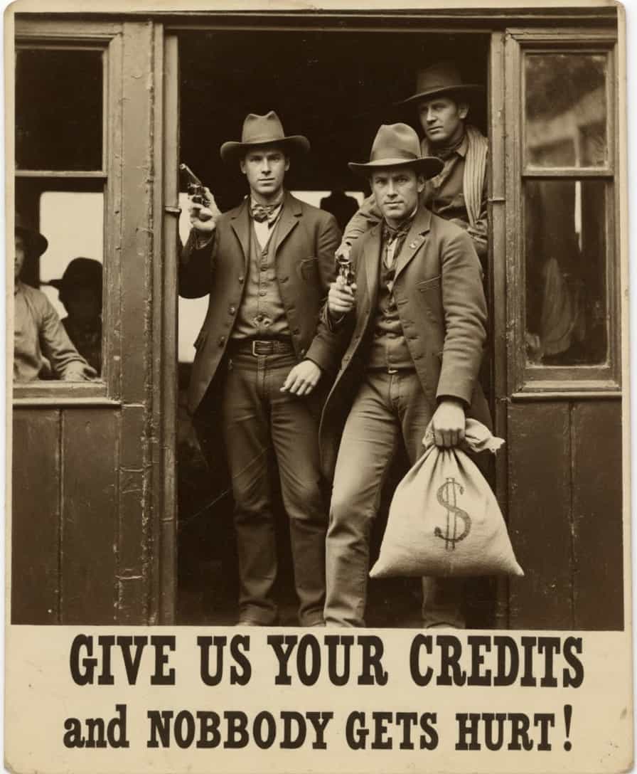 An aged worn sepia monochrome 1800s photograph, [An intense dynamic action photograph] (( Cowboy-bandits are seen in an 1880 style train car), (the Cowboy-bandits are pointing well defined (1880 style Smith & Wesson Model 3 Schofield revolver handguns) at the wealthy passengers), (The passengers are wearing classic American 1880 style clothing)),
<<BREAK>> ,
((one cowboy-bandit in the train car , is seen looking directly at the viewer), (the cowboy-bandit is holding a burlap sack towards the viewer), ( the burlap sack that the cowboy-bandit is holding towards the viewer has a dollar symbol on it)),
<<BREAK >> ,
((At the bottom of the image an (silent film style) speechbanner is seen, in the speechbanner the words "Pixel Dojo Credits Bank!" are seen printed in legible font, only the text "Give us your credits and nobody gets hurt!" is seen printed in the speechbanner at the bottom))
[[ An aged worn sepia monochrome 1800s photograph ]]