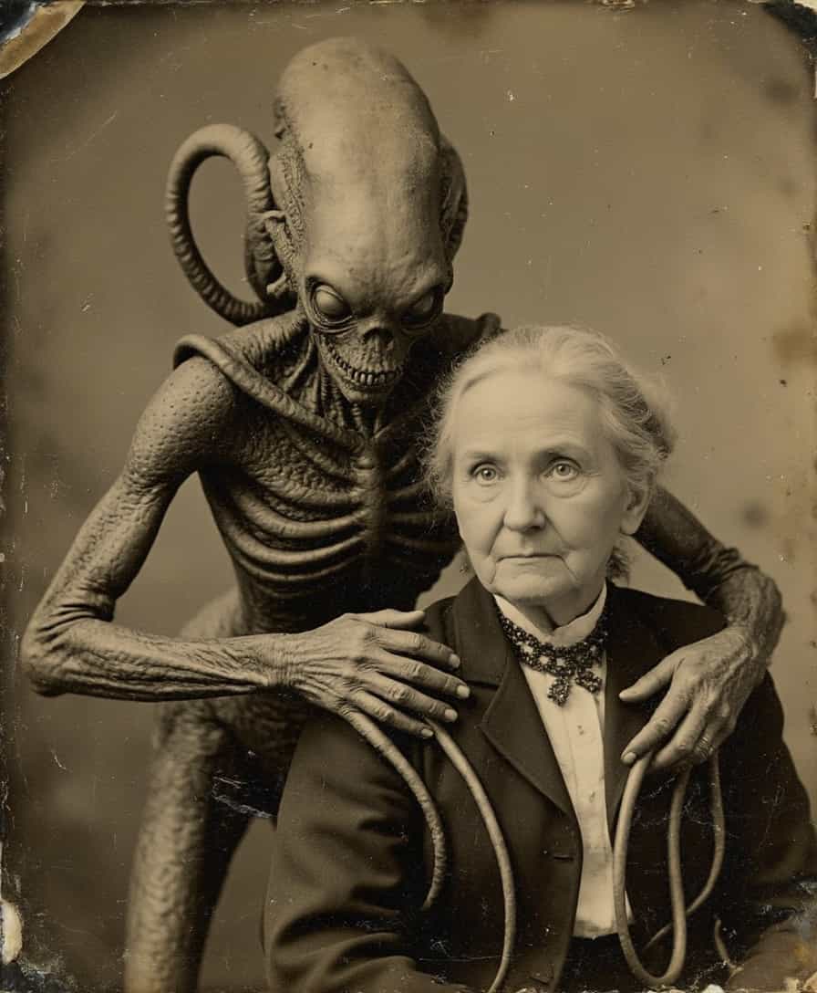 An aged worn sepia monochrome 1800s photograph, ng_deepnegative_v1_75t, negative_hand, full Body length Portrait of a Older very severe looking woman posing with an a grotesque hideous tentacled alien standing behind her, she is caressing a tentacle alien has gently placed over her shoulder in a gesture of kindness, colorful background, facing the camera, big detailed expressive eyes hyper-realism, mystery, filigree, detailed textures, looking in camera, intricate, intriguing atmosphere, sharp magnificent details, delicate features, elaborate details,