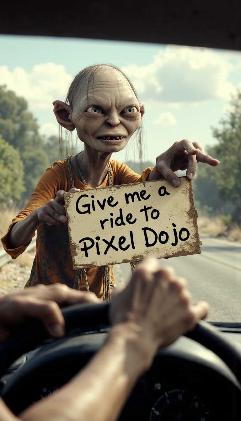 smeagol, A stunning 4K masterpiece in which Smeagol from The Lord of the Rings stands with a sign by the road on a sunny day. He is dressed in casual clothes with an intricate design, dressed in bright colors, the sign reads "Give me a ride to Pixel Dojo". This scene captured him in the face of the driver of the car, when he holds the steering wheel in the first person and looks at Smeagol. The intense, comical expression on Smeagol's face adds humor, and the bright colors and dynamic action make this image truly impressive. raw photo, overexposure, bright flash.