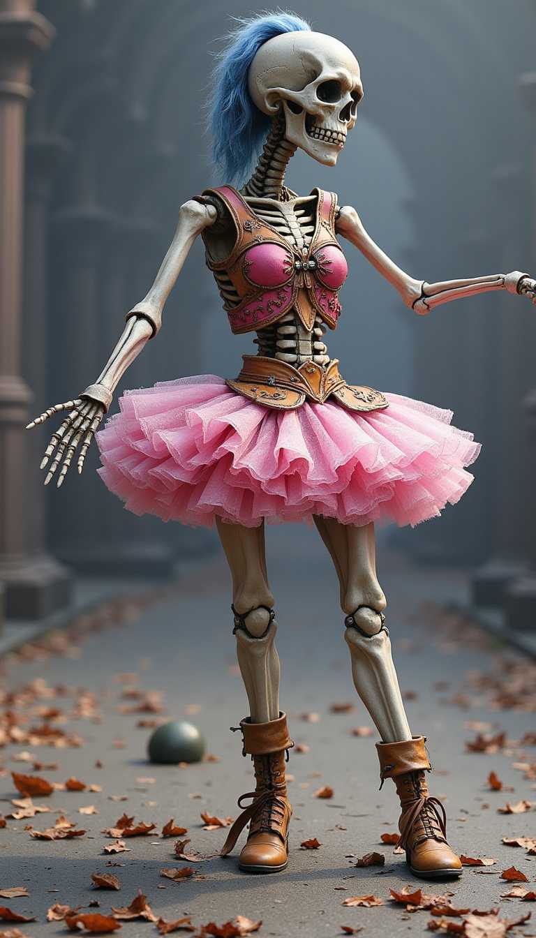 Skeletal Dancer in Pink Tutu and Brown Boots