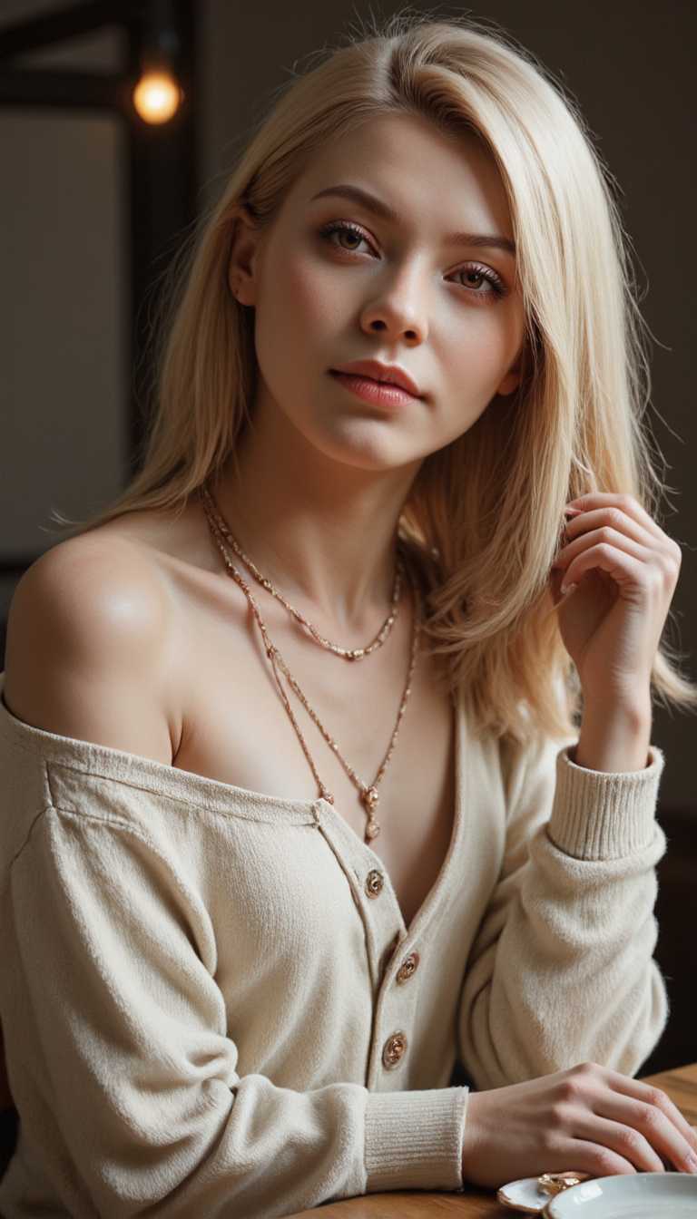 , A photo image of a beautiful young Chinese woman in her twenties. She has long light blonde hair, with a side cut. She has smoky eyeshadow and dark eyeliner. She has a slim jawline and pouty lips. She has on several necklaces. She is wearing an oversized sweater, with bare shoulders and ample cleavage. She is sitting in a restaurant, looking at the viewer with a small smile.