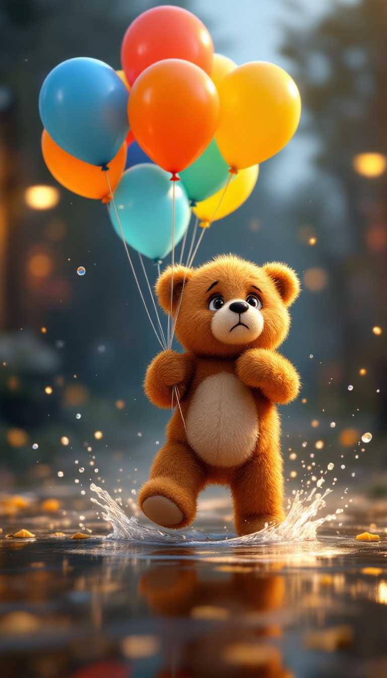 an adorable teddy bear that came to life, the teddy bear is holding a bunch of balloons and is almost floating away trying to hold on, one foot is off the ground and the teddy bear looks worried. A puddle on the ground splashes as the bears foot touches it. animated using pixar's hyperion, the splash fluid simulation engine, PBR, volumetric lighting, global illumination, and ray tracing.