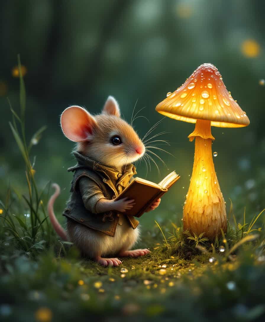 A small mouse in a tattered waistcoat reads a tiny book by the light of a glowing mushroom, with dew drops glistening on the grass around him.