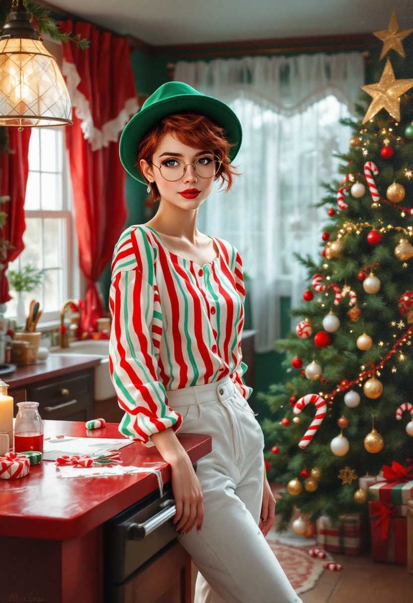 Christmas decorated kitchen red island red and green curtains white ruffles female auburn short pixie hair green pixie hat realistic brown eyes gold frame glasses wearing an ombré red and white stripe blouse white pants  painting red white green candy canes detailed oil paint style