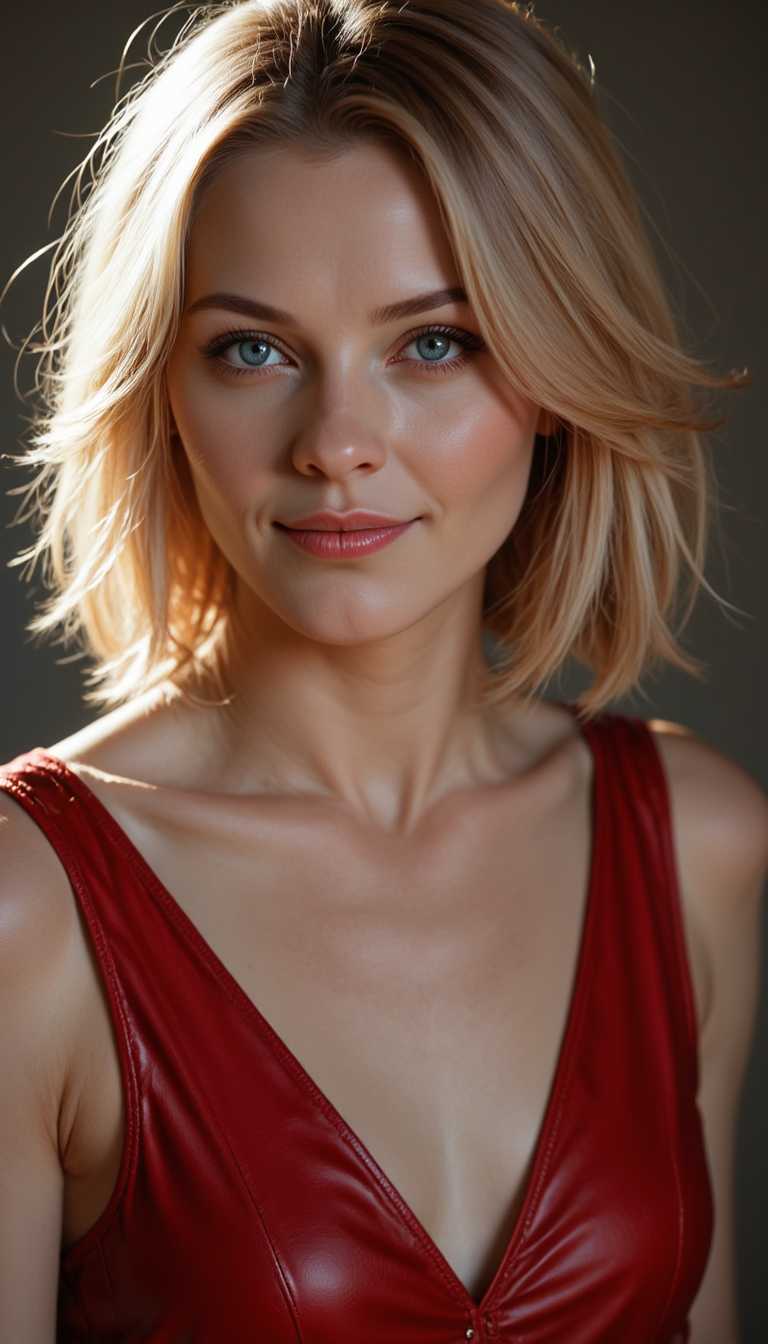 Blonde Woman in Red Dress Closeup Portrait
