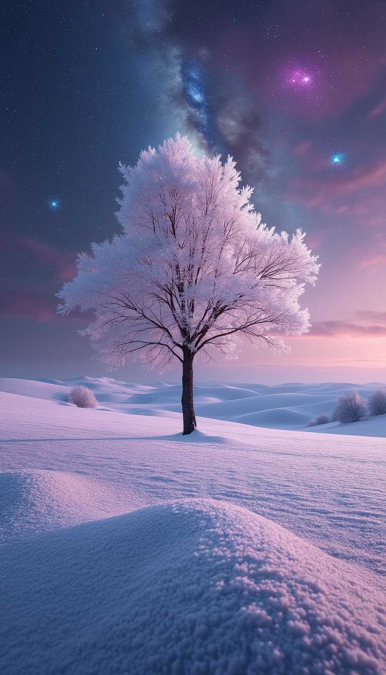 In the heart of a surreal winter landscape, a solitary tree stands tall, generously coated in frost-like substances that shimmer with an iridescent glow. Surrounding it, a flat, expansive field stretches out, uniformly blanketed in a layer of frost that sparkles under a soft, diffused light. Rolling hills fade into the horizon, creating a tranquil backdrop that seems to whisper secrets of the cosmos.

Above this serene winter scene, the sky transforms into a mesmerizing purple canvas, swirling with hints of blue and green, reminiscent of the depths of space. The atmosphere is charged with an otherworldly energy, as if the very air is alive with the colors of a distant alien planet. The frost on the tree catches the vibrant hues, reflecting them in a dance of light that enchants the viewer.

In the distance, faint silhouettes of celestial bodies twinkle, their distant glow punctuating the tranquil landscape. The rolling hills take on an ethereal quality, their contours softly illuminated by the starlight, creating an enchanting blend of nature and the cosmos. Elongated shadows stretch across the frosty field, merging the earthly with the alien in a captivating tableau.

This composition, beautifully serene yet strikingly dramatic, invites contemplation of the vastness of both nature and the universe. It captures a moment where winter meets the cosmos, reminding us of the wonder that exists in both the familiar and the unknown.