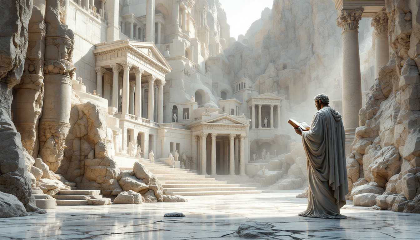 White marble 4k wallpaper, at the bottom ancient sculpted Greek city and a man made of black and white marble standing reading a book, perfect lighting, ultra detailed rendering, red shift, fantasy, extremely detailed and luxurious, unreal engine, ultra realistic, improved quality. iridescent, ivory Renaissance porcelain, symmetry, character portrait, dramatic, volumetric, soft beige light, warm, cinematic lighting.