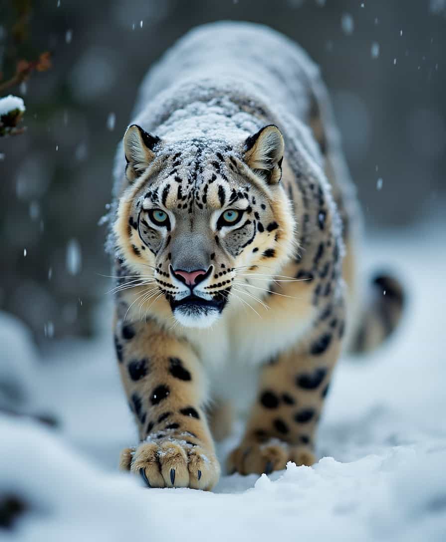 A snow leopard stalks his prey poised to pounce. His thick fur covered in snow and ice