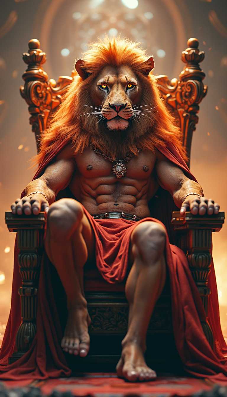 A humanized lion, embodying a scary yet powerful presence, showcasing intelligence and muscular beauty, seated with authority on a majestic throne in a futuristic setting, inspired by the style of a cinematic 3D render, featuring intricate details, vibrant colors, and a dynamic pose. The color temperature is warm, with a piercing gaze and a confident expression, illuminated by dramatic lighting that enhances the atmosphere of regality and strength.