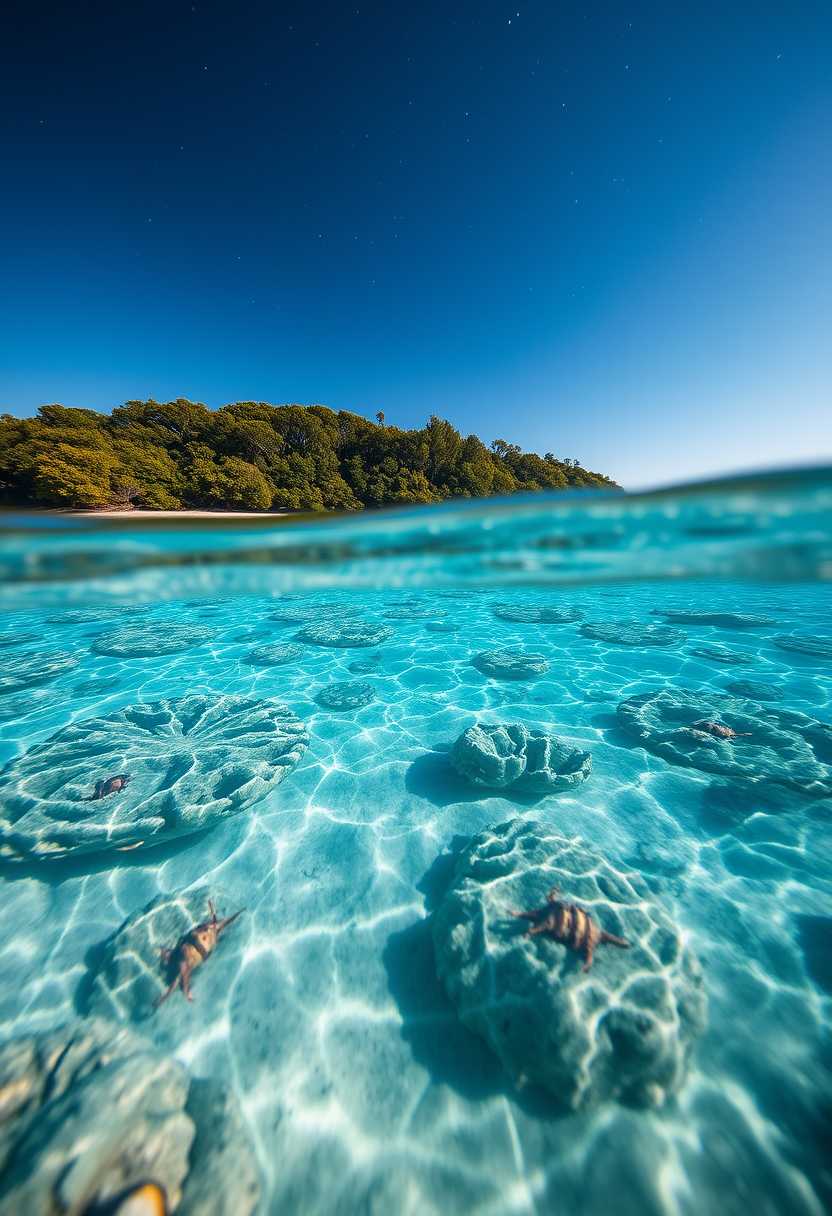 A breathtaking photograph capturing a shallow seabed with crystal-clear depth clarity, revealing intricate coral formations and vibrant marine life below the surface. The water is so lucid that the individual grains of sand and marine creatures are visible, highlighted by the play of sunlight filtering through the surface. In the background, a lush forested shoreline adds depth to the scene, with verdant foliage that contrasts beautifully against the azure waters. Above, a clear, darkening sky hosts an array of celestial bodies, with stars twinkling brightly, suggesting it's either dawn or dusk. The overall atmosphere is a blend of natural serenity and wonder, with sophisticated photography techniques used to capture the high contrast between the sea, sky, and land. The composition is balanced to show the harmony of these elements, with a focus on natural beauty and technological precision. The use of a wide-angle lens ensures that both the foreground and background are sharply in focus, enhancing the immersive experience for the viewer.