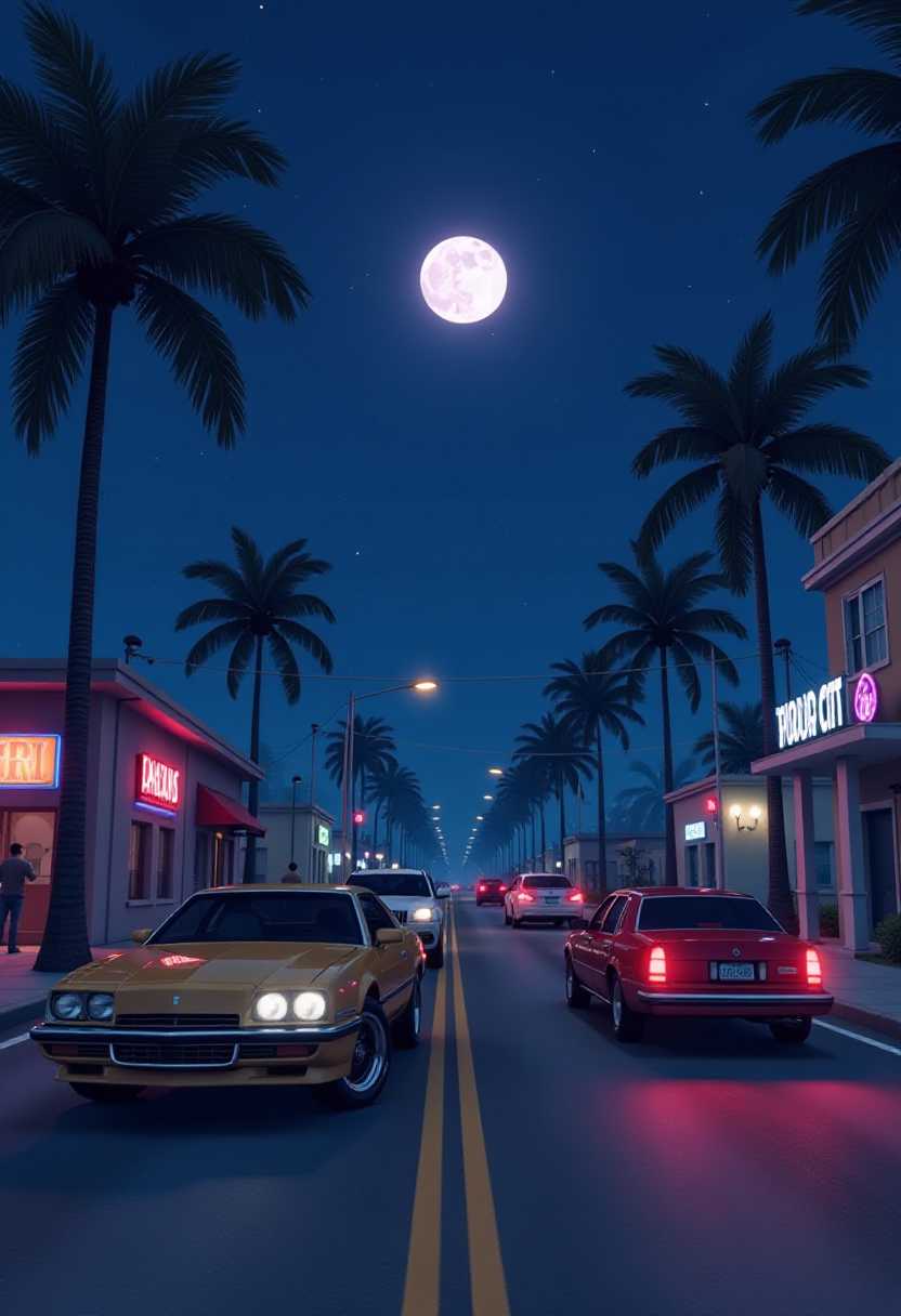GTA Vice City screenshot, night, moon, fake gang symbols, everywhere!