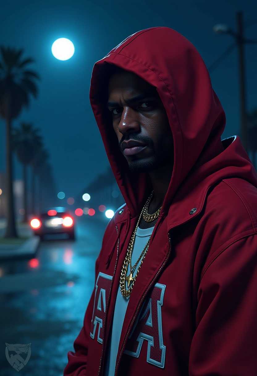 GTA Vice City screenshot, night, moon, fake gang symbols, everywhere! Flood and earthquake. Closeup of a tough gang leader wearing a hoodie