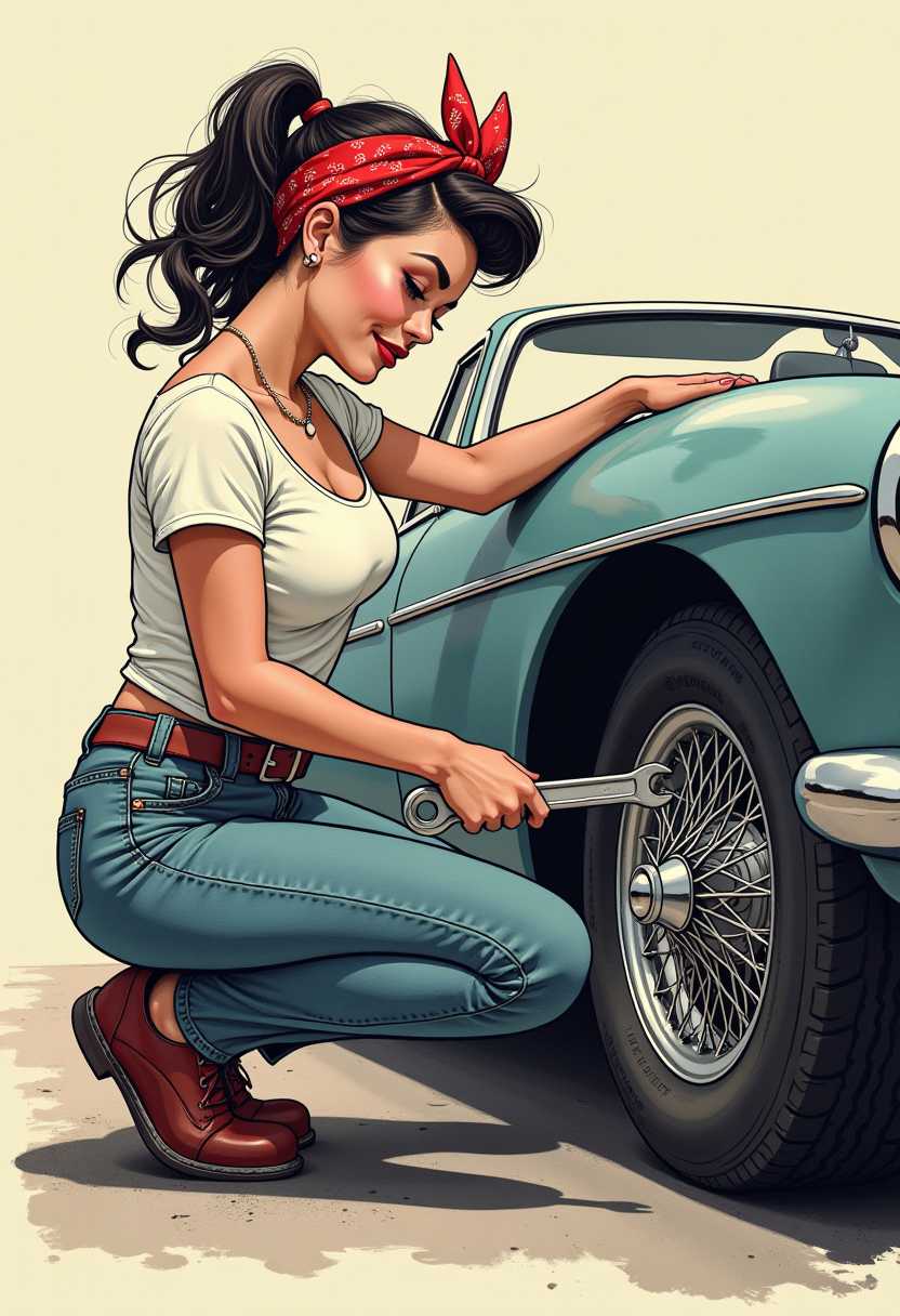 ink spotty gray hues, pin up girl  wearing a red bandana fixing a flat tire, holding a wrench
