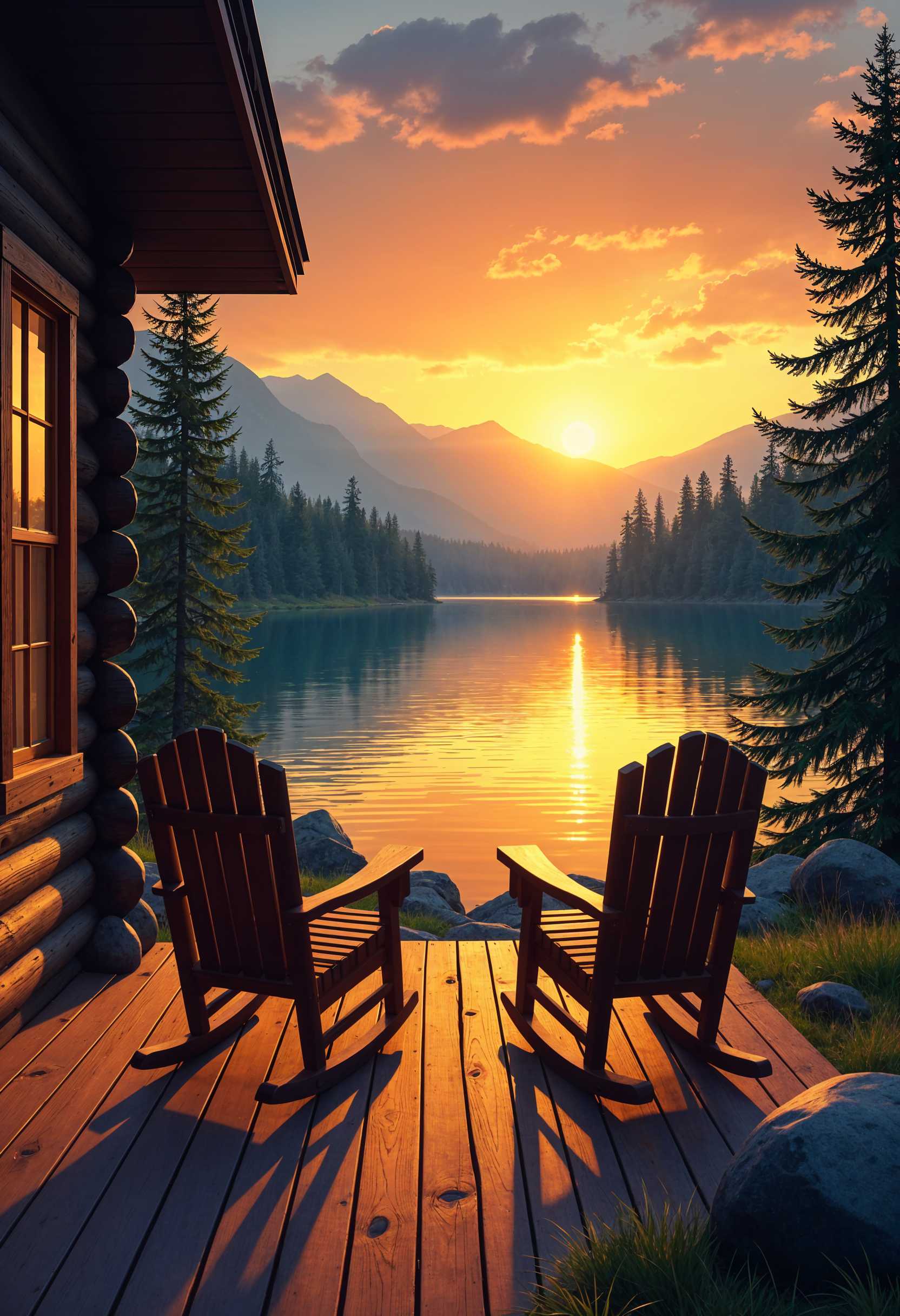 AI-generated image: This image captures a serene and picturesque moment at sunset, framed from the perspective of a log