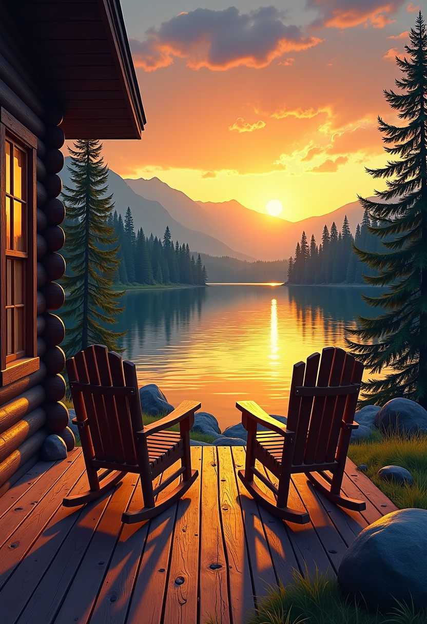 This image captures a serene and picturesque moment at sunset, framed from the perspective of a log cabins porch. The scene is set in a natural landscape, likely a secluded forest or wilderness area, given the dense foliage and the calm, reflective lake in the background.The art style is realistic with a touch of impressionism, as evidenced by the vivid colors and the play of light and shadow. The medium appears to be a highresolution photograph, given the clarity and detail in the image.The colors in the image are rich and dynamic, with a warm palette dominated by oranges, yellows, and blues. The sunset casts a radiant glow across the sky, transitioning from a deep orange at the horizon to a softer yellow near the clouds, and finally to a calming blue as it dips below the treeline. The reflection of the sunset on the lakes surface creates a shimmering effect, with the colors blending into each other in a harmonious gradient.The objects in the image are primarily natural elements, with the focus on the log cabins porch and the surrounding landscape. There are two wooden rocking chairs facing the lake, inviting the viewer to sit and enjoy the view. The chairs are positioned on a weathered wooden deck, which adds to the rustic charm of the scene. The deck is bordered by a low stone wall, and there are small rocks and pebbles scattered around, providing a sense of grounding and stability.In the foreground, there is a small evergreen tree, which stands as a silent sentinel overlooking the lake. The trees dark green needles contrast with the warm colors of the sunset, adding depth and dimension to the composition. Beyond the tree, the dense forest of coniferous trees stretches towards the horizon, their dark silhouettes creating a natural frame for the lake and the distant mountains.The mountains in the background are softly lit by the fading sunlight, with their outlines gently blending into the hazy blue of the sky. The mountains are not the main focus of the image, but they provide a sense of grandeur and scale, emphasizing the vastness of the natural landscape.Overall, the image exudes tranquility and a sense of escape from the hustle and bustle of daily life. It invites the viewer to pause and appreciate the beauty of nature, captured in a moment of stillness and reflection.