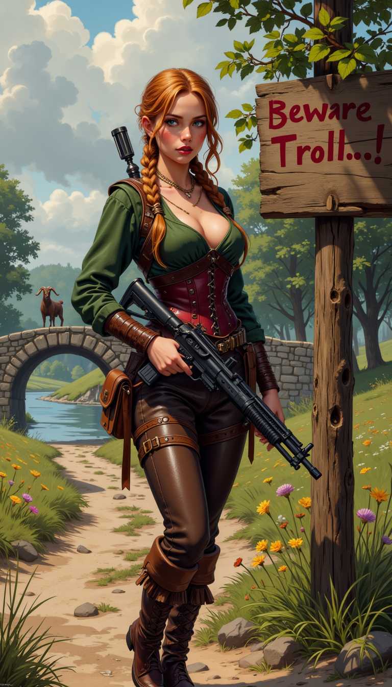zavy-ctcmcs, image of a strikingly beautiful young woman. Carrying a machine gun. Hour glass figure. She has light auburn hair tied in twin braids. Pink eyeshadow, black mascara. Ruby red lipstick. She is wearing tight leather britches, hugging her curves. Green low cut satin blouse. Dark red leather corset her ample breast spilling over the top, creating a sense of opulence and allure. She has a wide belt around her waist with pouches and a quiver of crossbow bolts. Nearby a dilapidated post has a large wooden board nailed to it with the writing Beware Troll..! in red letters. A dusty cart track leads to wide stone bride spanning a river. A single goat is eating thistles on the bridge. Trees and wildflowers border both sides of the cart track. Afternoon sun, cloudy skies. Idyllic rural scene.