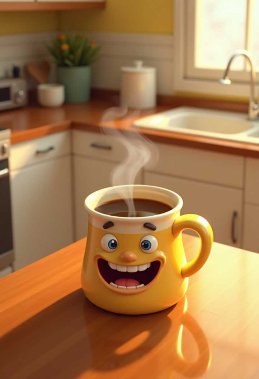 looking down, 6 feet elevation, closeup, overhead, aerial view of a colorful anthropomorphic mug. The mug's side is anthropomorphized with a broad, toothy grin and a pair of large, expressive eyes that seem to be squinting in a jovial manner. The mug is full of steamy coffee.

The art style is reminiscent of 3D computergenerated animation, with a focus on exaggerated features and a cartoonish aesthetic. The mugs design is smooth and glossy, with a gradient of creamy white to vivid colors, giving it a realistic ceramic appearance. The handle is a simple, curved line that complements the overall form of the mug.The mug is placed on a wooden surface, which reflects the warm lighting of the room. The reflection on the mugs surface adds depth and realism to the image. The background is softly blurred, but we can discern a domestic setting with kitchen appliances and cabinetry, suggesting the mug is in a home environment.The colors in the image are warm and inviting, with the creamy white of the mug standing out against the rich browns of the wood and the soft yellows and whites of the kitchen backdrop. The steam rising from the mug is a light gray, which contrasts with the warm tones of the mug and the wood.
