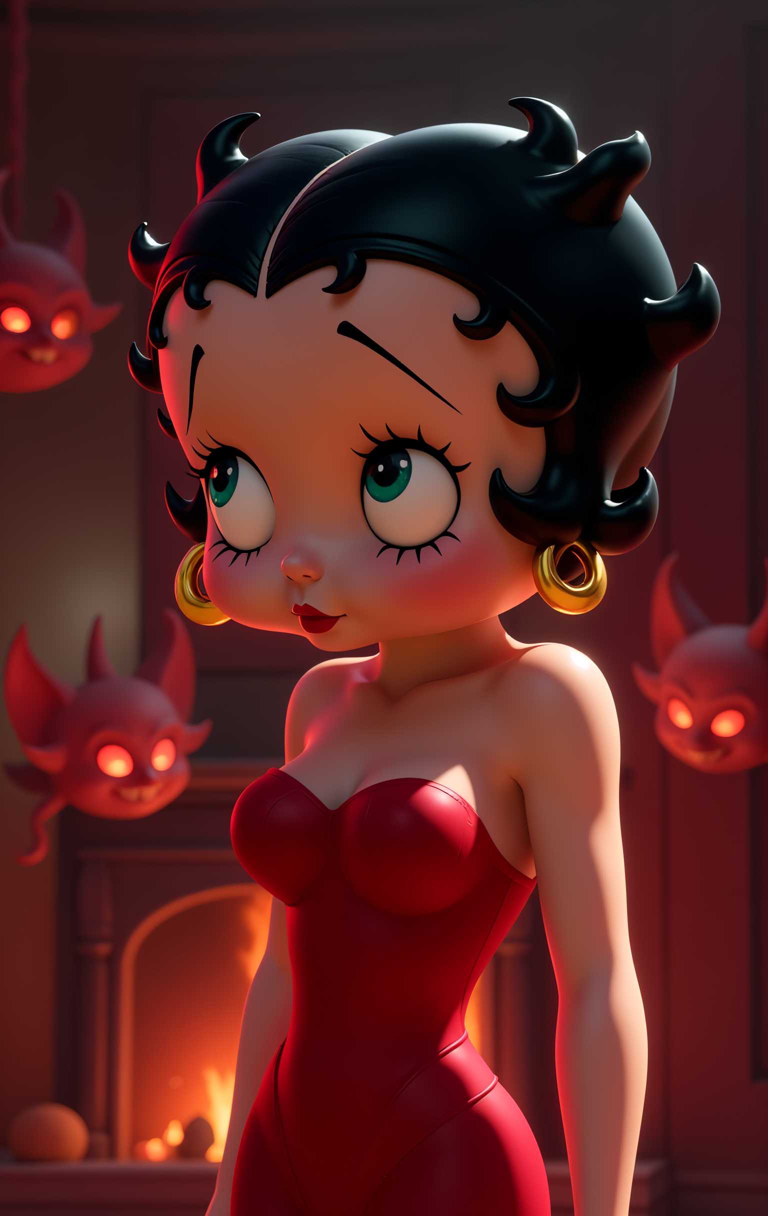AI-generated image: 3d cartoon demons in background, 1930s style cartoon, closeup of betty boop. Fireplace background