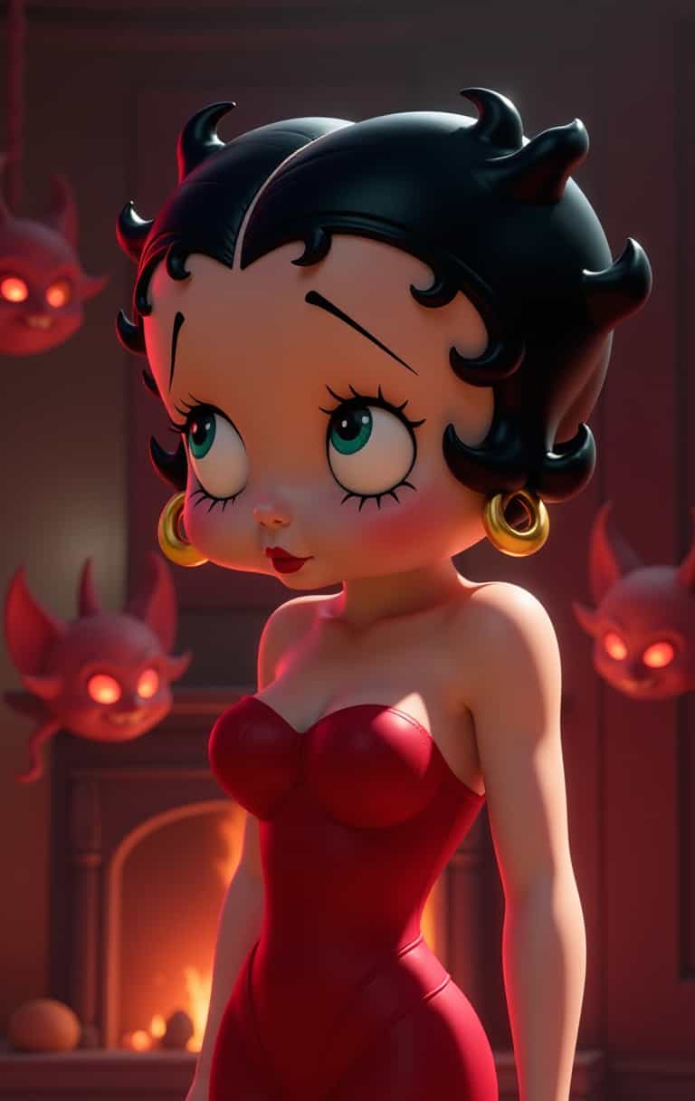 3d cartoon demons in background, 1930s style cartoon, closeup of betty boop. Fireplace background