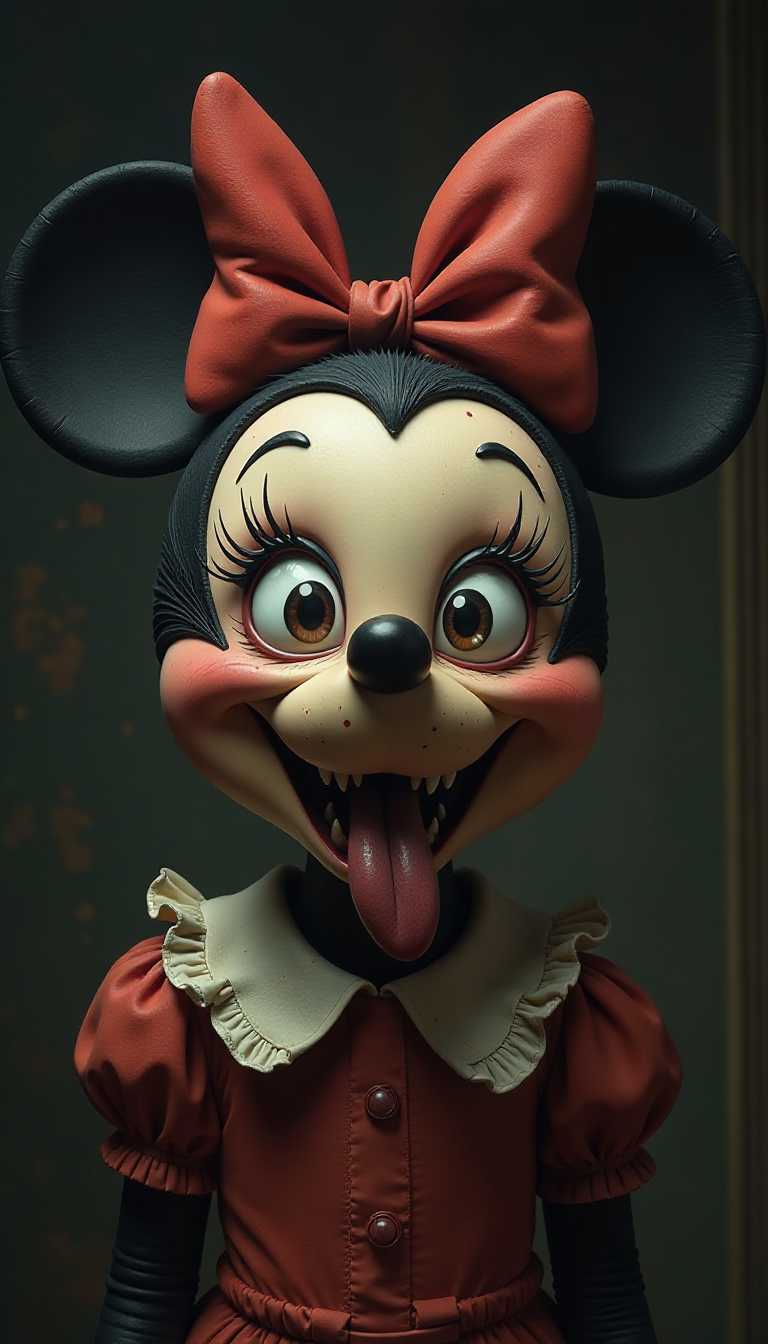 This image is a digital artwork that presents a stylized and somewhat eerie interpretation of a character that resembles Minnie Mouse. The art style is highly detailed and realistic, with a focus on textures and shadows that give the image a threedimensional quality.The medium appears to be a digital painting, as evidenced by the smooth blending of colors and the lack of brush strokes. The image is set against a dark, nondescript background that serves to highlight the subject.The colors in the image are quite muted, with a predominance of browns, blacks, and grays. The red bow on the characters head stands out as the only bright color in the image, adding a pop of color that contrasts with the otherwise dark tones.The subject of the image is a character with large, prominent ears that resemble those of Minnie Mouse, but with a more sinister twist. The texture of the ears is rough and weathered, giving them an aged appearance. The eyes are wide and intense, with long, dark lashes and a hint of a frown, which gives the character a somewhat menacing look. The mouth is wide open, revealing sharp teeth and a tongue sticking out, further contributing to the eerie aesthetic.The character is wearing a ruffled collar, which is reminiscent of Minnie Mouses classic dress, but the fabric appears worn and tattered, adding to the overall unsettling feel of the image.Overall, the image is a dark and intense reinterpretation of a wellknown character, using realistic digital painting techniques to create a striking and somewhat unsettling visual.