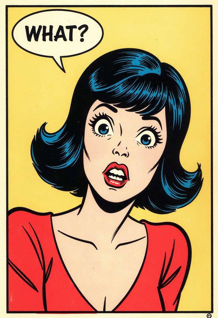 Vintage Comic Book Character with Red Dress and Blue Hair, Asking What