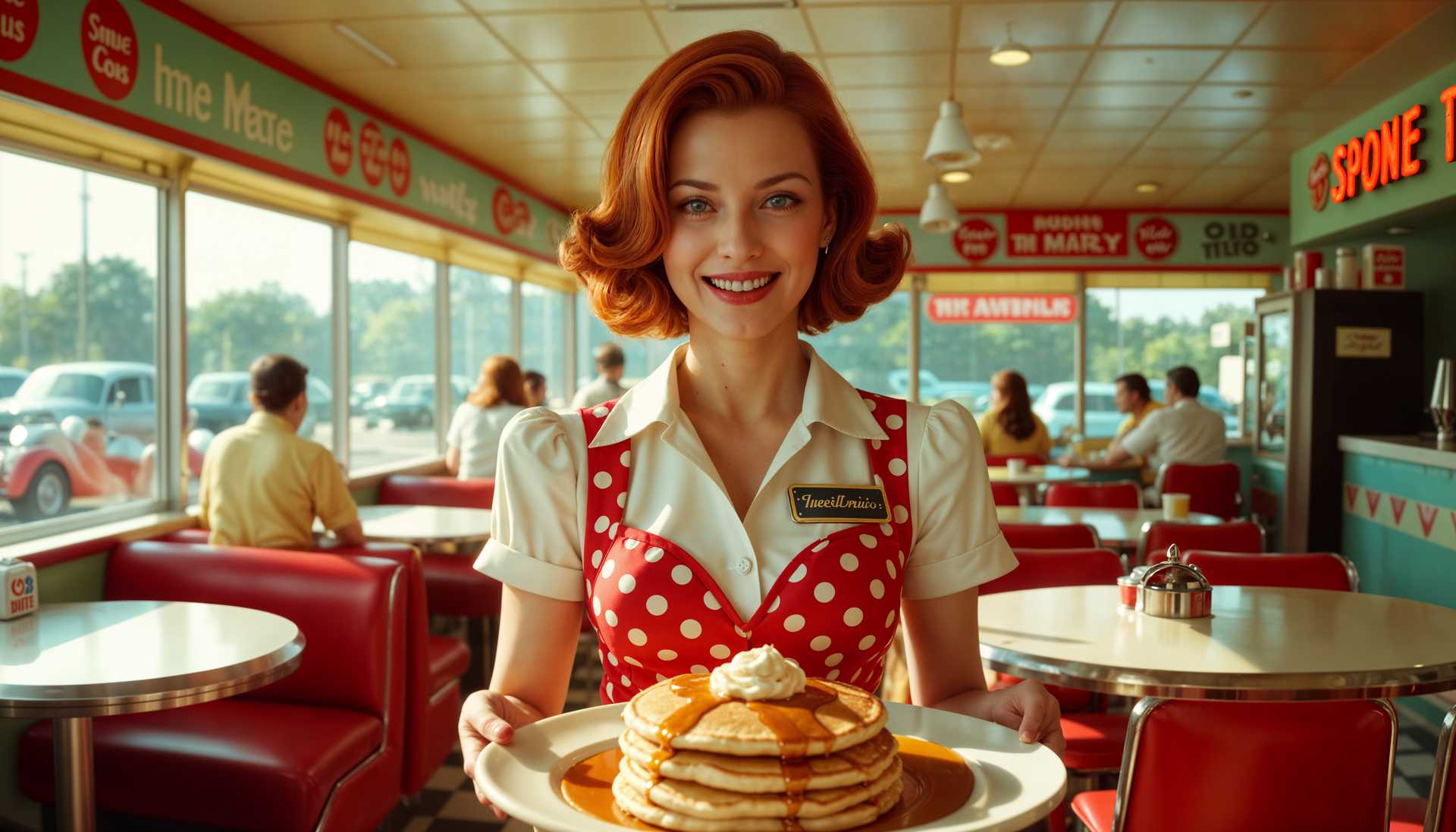 AI-generated image: close up wide shot, sunshine outside happiness, A bustling 1960s diner, captured in vivid cinematic