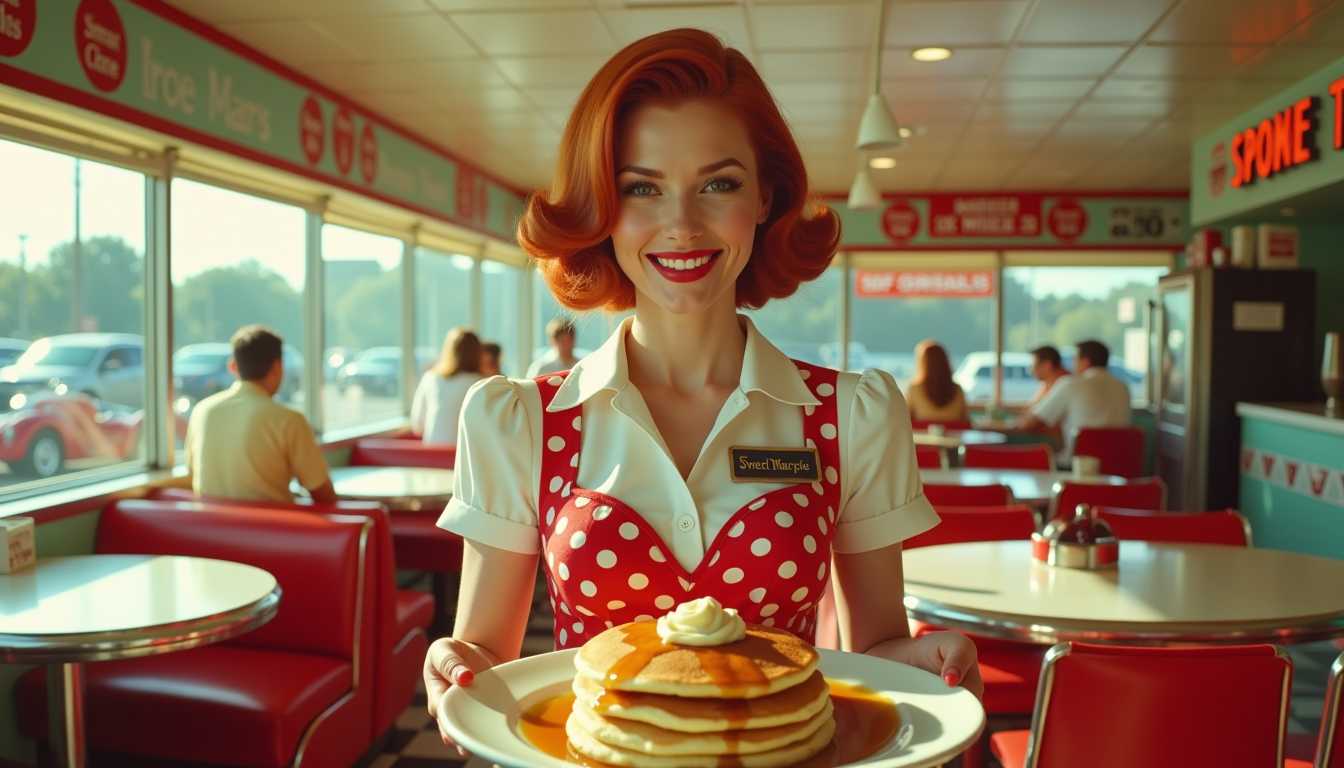 close up wide shot, sunshine outside happiness, A bustling 1960s diner, captured in vivid cinematic detail, showcases a classic, Hollywood-inspired scene. At the center, a beautiful 25-year-old waitress with vibrant red hair, red lipstick, and pale skin carries a tray loaded with pancakes, steaming coffee, and a generous drizzle of maple syrup. Her friendly smile lights up the room, and her sexy "low-cut dress" retro uniform hints at the glamorous era, the uniform is shiny and smooth detailed with 1960 patterns and logos, she has a name plate on her shirt that reads Sweet Marple.her uniform is wide open buttons, so the upper of her gourdious brests are reveled as a notiseble feature of her sexual apperance.
Marlon Brando-esque men and Vivien Leigh-style women gather around, creating an ambiance that feels as if it leaped straight from a 1960s super Panavision film, with a sense of humor, warmth, and energy filling every inch of the diner.
The diner is pristine and gleaming, with polished chrome finishes, sparkling mirrors, and glossy white countertops. Large white-toothpaste smiles from happy patrons reflect the upbeat atmosphere. Signs above the counter list diner favorites like burgers, fries, and hotdogs, displayed with vintage prices. Classic details—a Coca-Cola machine, a jukebox humming in the corner, and a soft-serve ice cream machine—add to the nostalgic appeal. Outside the window, motorcycles rest, and inside, chrome-trimmed tables and chairs reflect the bright, cheerful space. 