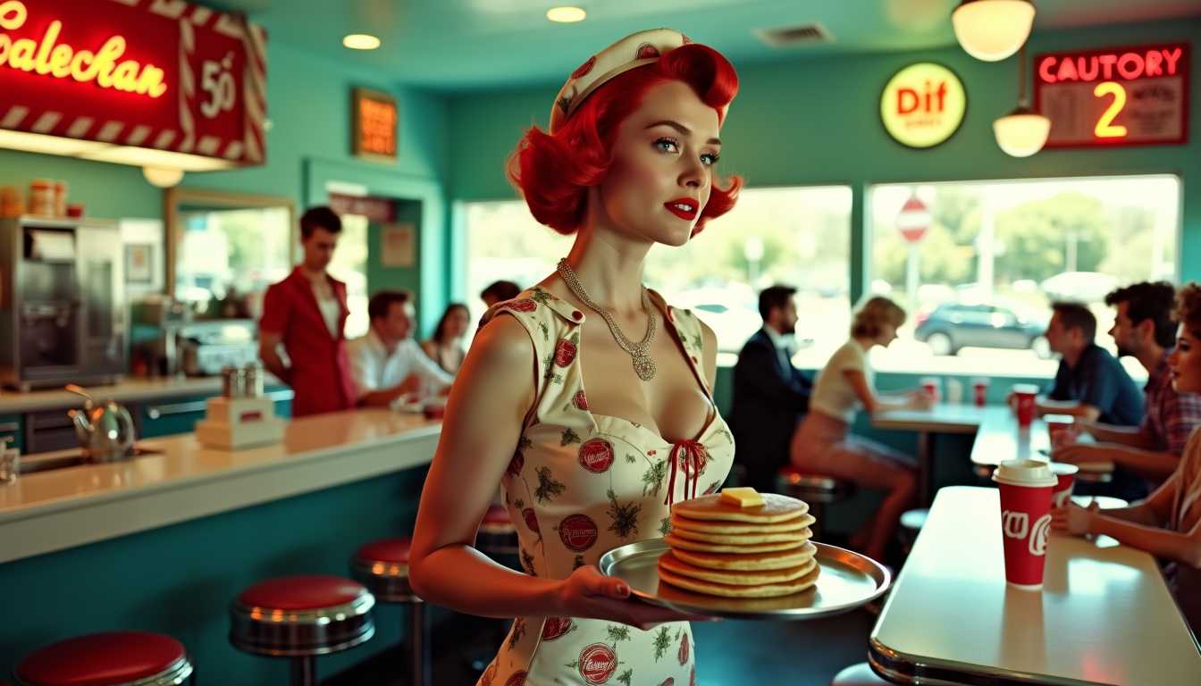 wide shot, super panansonic 1960 style, cinmatic, 4k crisp details, reflective transparent, scene unfolds in a lively 1960s diner filled with young, edgy patrons embodying the rebellious rock-and-roll spirit of the era. At the heart of it all is Sweet Marple, a radiant 25-year-old waitress with vivid red hair, perfectly painted red lips, and fair smooth skin. She carries a tray stacked with pancakes and a steaming cup of coffee, her uniform—a stylish, shiny fabric adorned with 1960s patterns and logos—is both glamorous and daring, with low-cut dress that hint at her self-assured  charm.

The counter area is bustling with stylish young people sporting leather jackets and slicked-back hair, reminiscent of James Dean and Marlon Brando. Girls with dark eyeliner and bold attitudes laugh around tables, capturing a “cool” vibe while rock-and-roll beats play from a classic jukebox in the corner. Outside, fast cars and polished motorcycles reflect the diner’s gleaming chrome accents, sunlit from a bright day. Inside, the space glows with polished metal, sparkling mirrors, and cheerful white countertops, each detail giving off a cinematic quality.

Classic signs overhead display diner staples—a sign that reads burgers 50 cent,a sign that reads fries 1 cent, a sign that reads milkshakes—all at nostalgic prices.a sign that reads icecream, a sign that reads Beer 2 cent, The whole scene brims with an infectious energy, as every element, from shiny Coca-Cola machines to soft-serve dispensers and chrome-lined tables, captures the timeless allure of youthful rebellion, fun, and freedom.