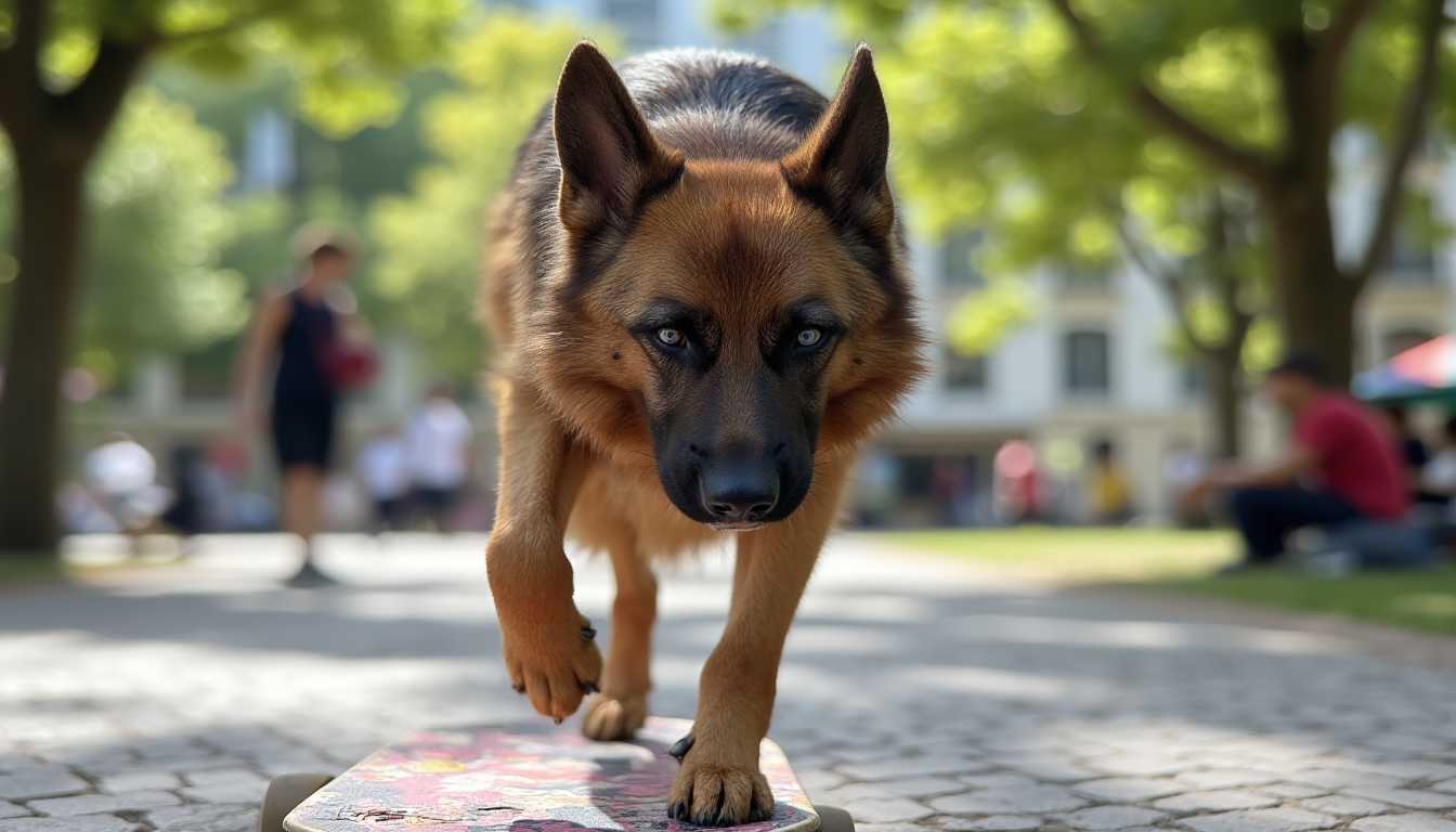 Title: **"Circeshepherd on Wheels"**

Description: Capture a captivating, dynamic photograph of a Circeshepherd dog expertly riding a skateboard. The scene is set in a vibrant urban park during a sunny afternoon. The dog is a striking hybrid, combining the majestic profile of a German Shepherd with a mystical aura—its fur is a rich shade of deep, glimmering black, with hints of golden highlights that catch the sunlight. 

Visual Details:
- The dog's expression is focused and intense, showcasing its intelligence and agility. Its eyes are a piercing sky blue, shining with excitement.
- The skateboard is sleek, featuring vibrant graffiti art on the deck, complementing the urban setting.
- In the background, blurred silhouettes of towering city buildings and lush green trees frame the scene, adding depth and context.

Style and Technique:
- The photograph is taken with a wide-angle lens to accentuate the speed and action, capturing the dog mid-motion as it skillfully maneuvers the board.
- Use a fast shutter speed to freeze the motion, ensuring crisp detail in the fur and skateboard.
- The vibrant color contrast between the dog's coat and the colorful skateboard accentuates the scene's energy.

Mood and Atmosphere:
- The bright afternoon sun casts dynamic shadows