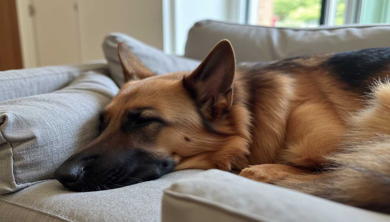 a photo of CIRCESHEPHERD dog, laying on a couch