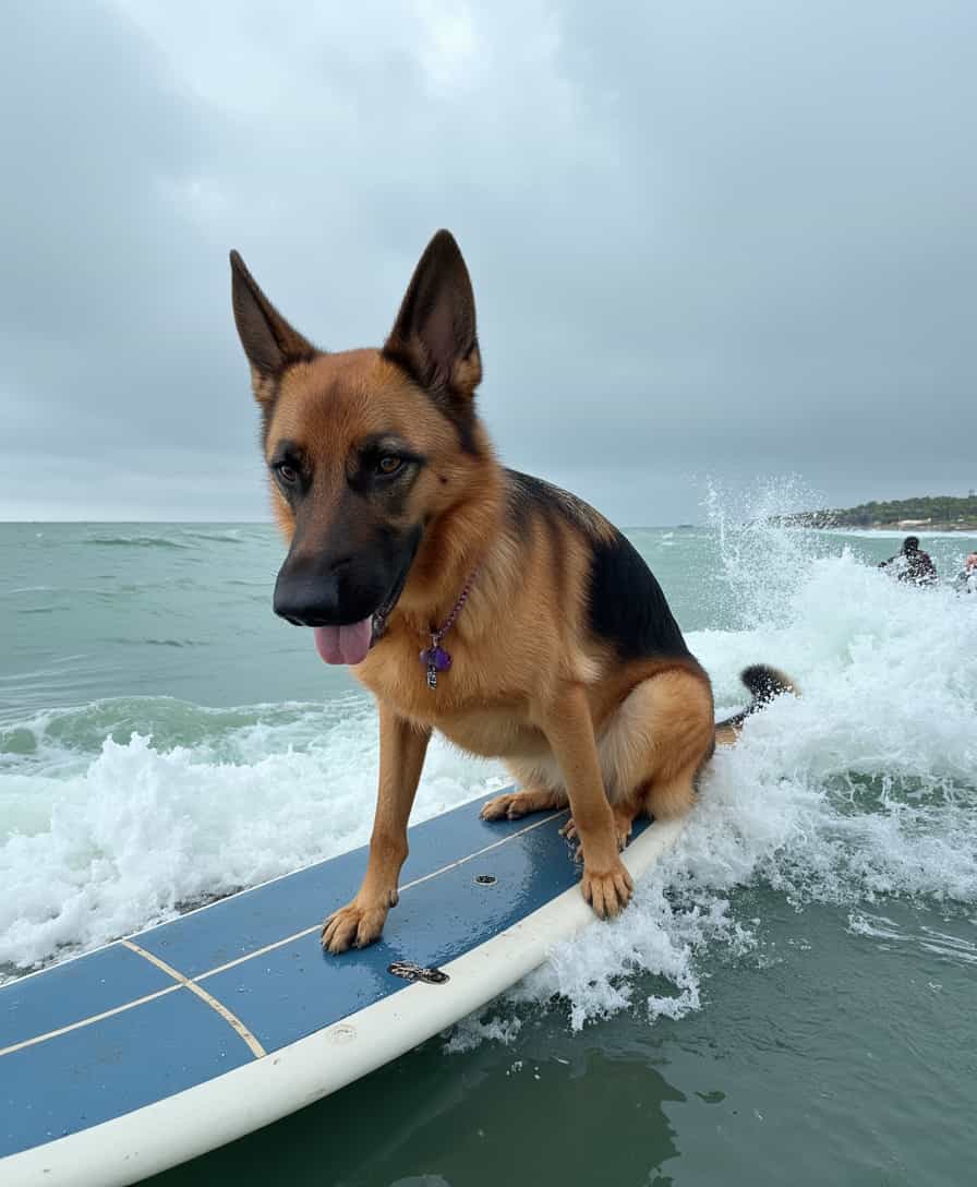 a photo of CIRCESHEPHERD dog, riding a surfboard 