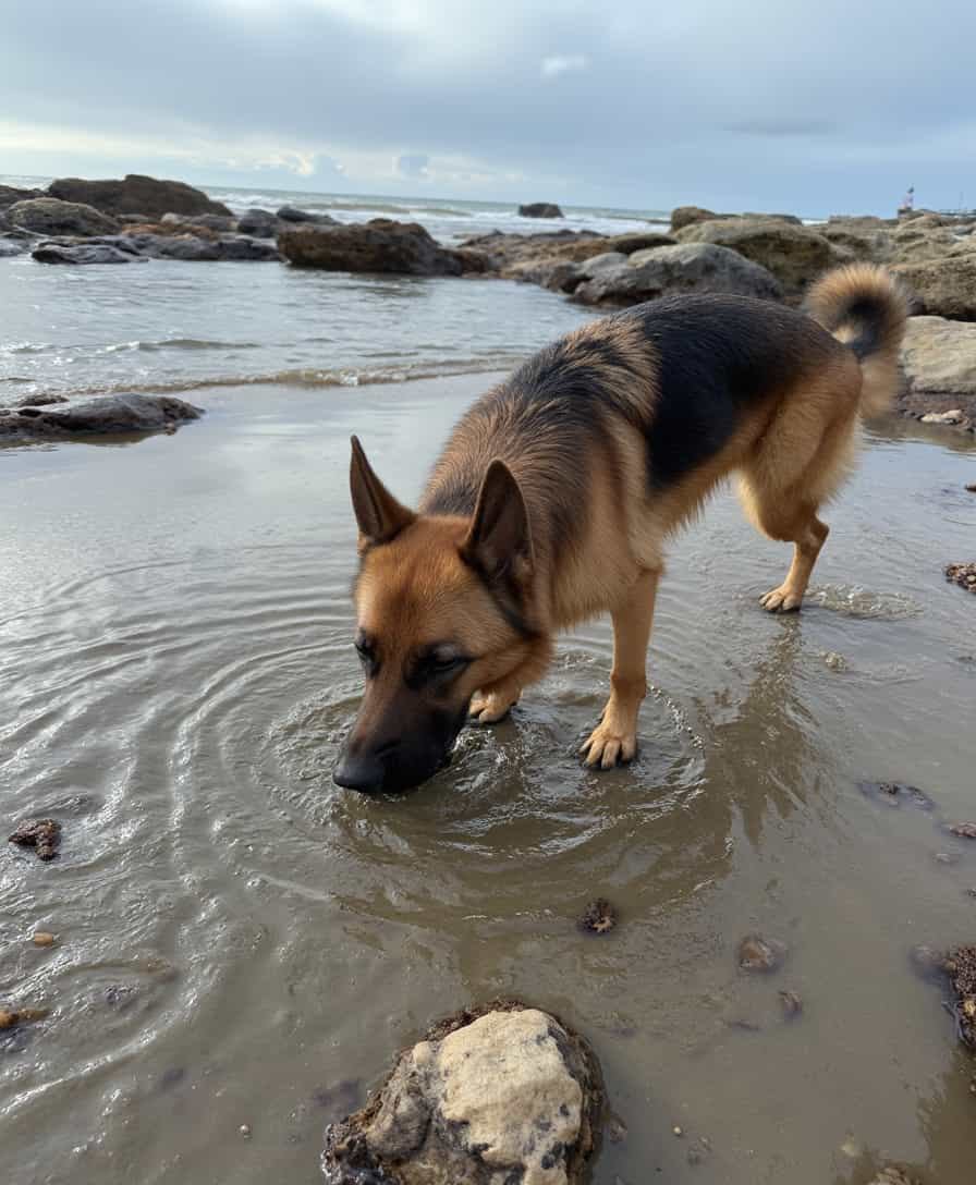 a photo of CIRCESHEPHERD dog, looking sad as dogs around her walk in their own water