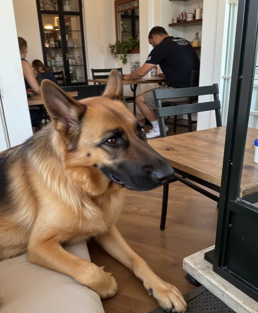 a photo of CIRCESHEPHERD dog sitting in a cafe in Lisbon